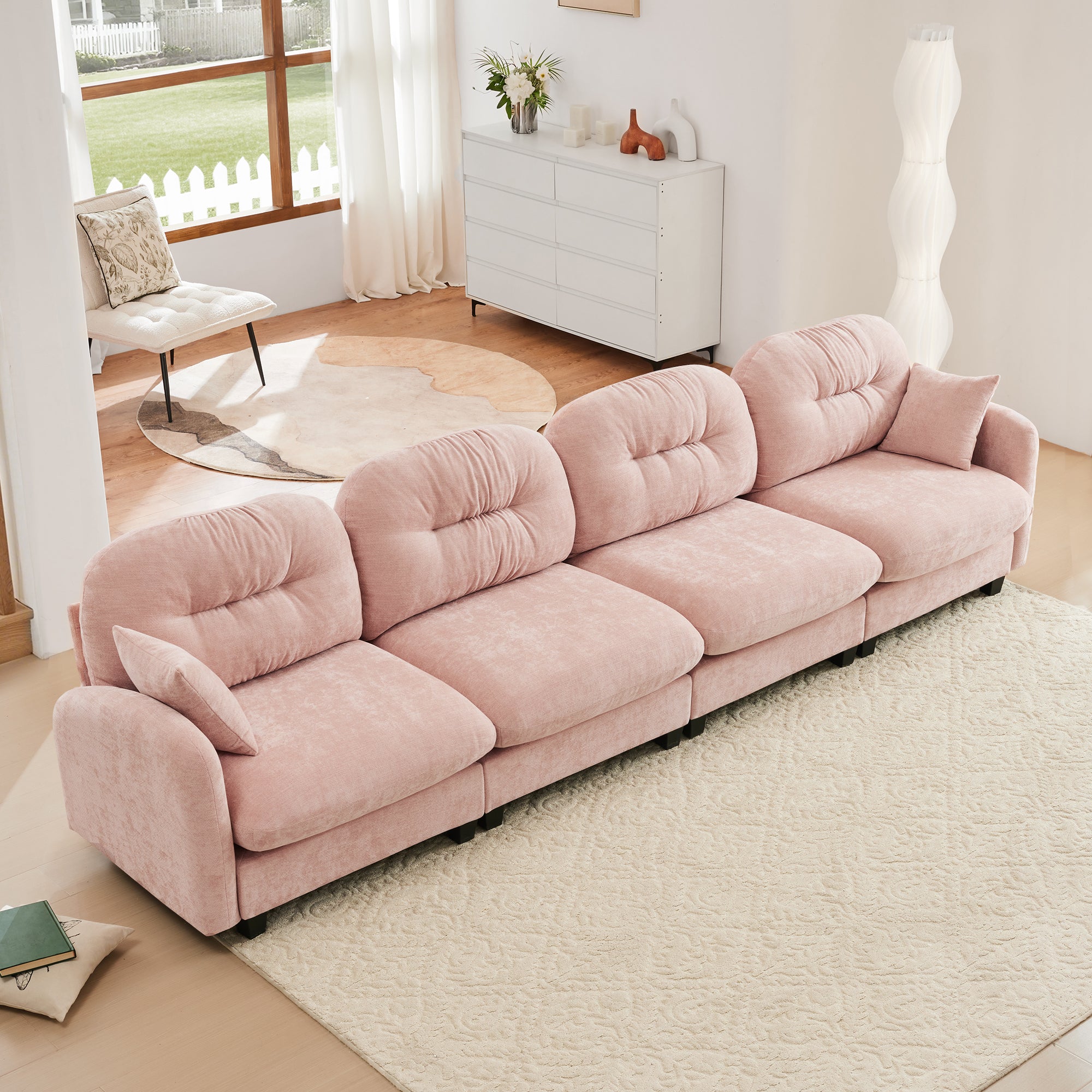 Roselyn 140" Modular Chenille Cloud 4-Seater Sofa with Tufted Cushion Backrest and  Pillows