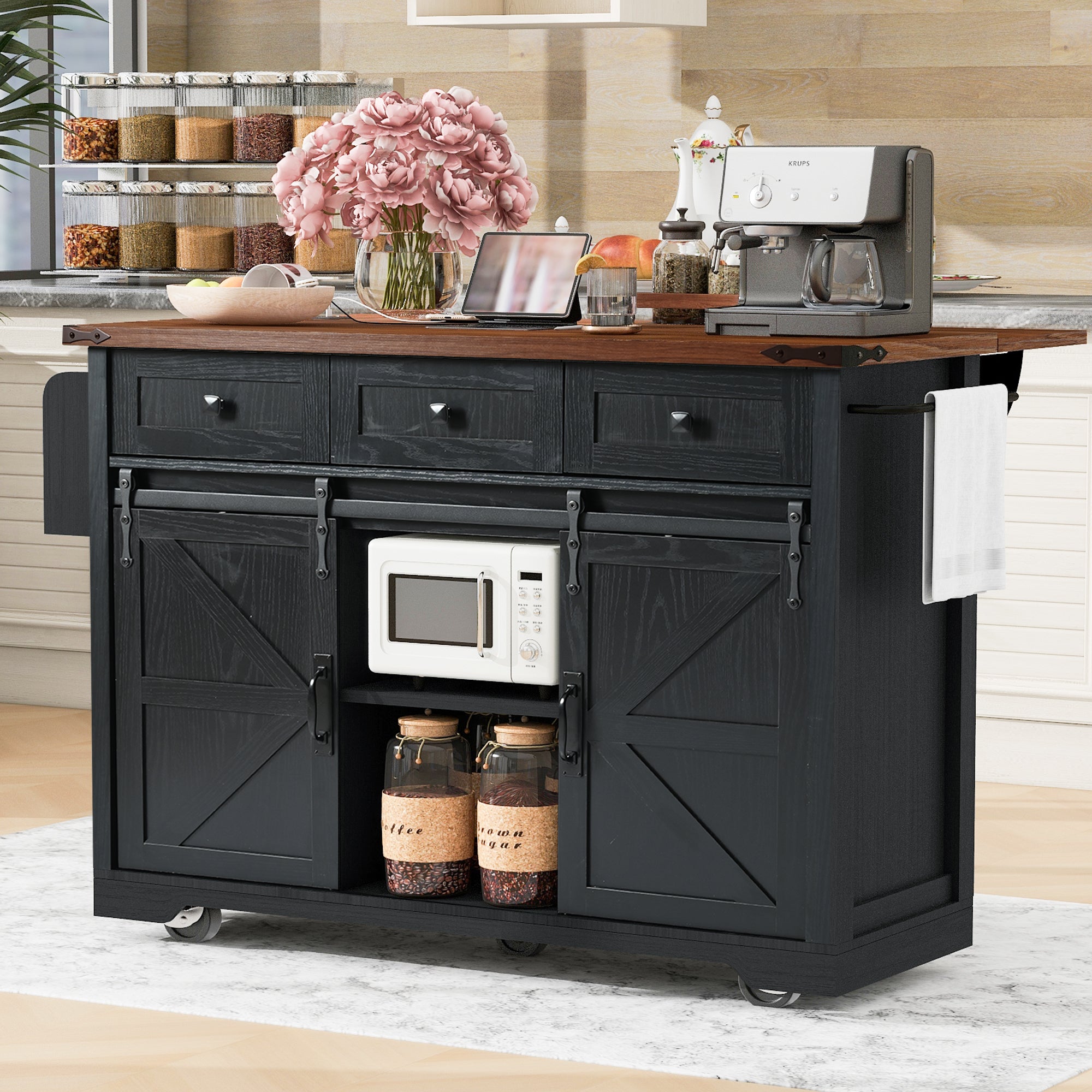 53.7' Farmhouse Kitchen Island with Power Outlet, 2 Sliding Barn Door Kitchen Storage Island with Drop Leaf, Spice Rack Rolling Kitchen Cart on Wheels, for Home, Kitchen and Dining Room, Black