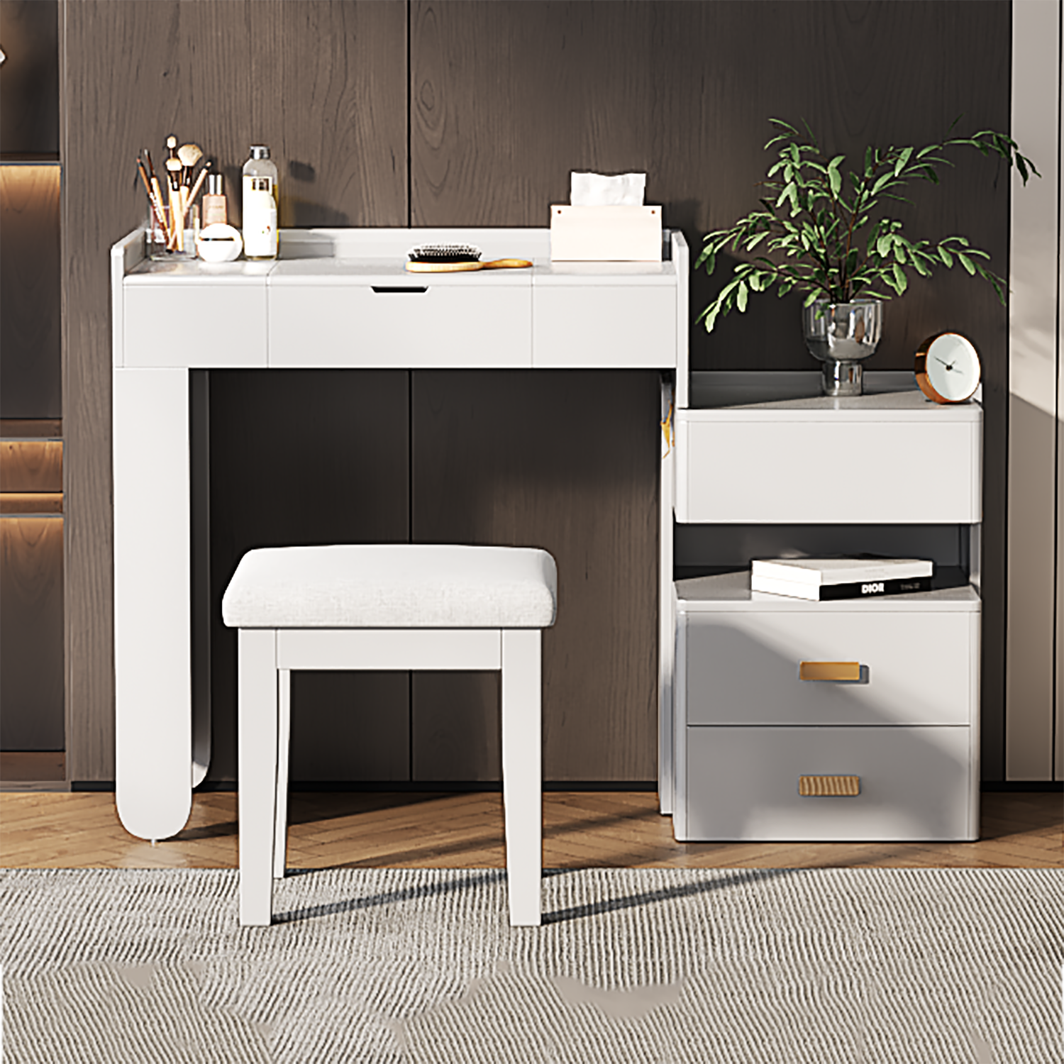 Aurorae Modular Makeup Vanity Desk Set with Flip-Top Mirror and Ample Drawer Storage