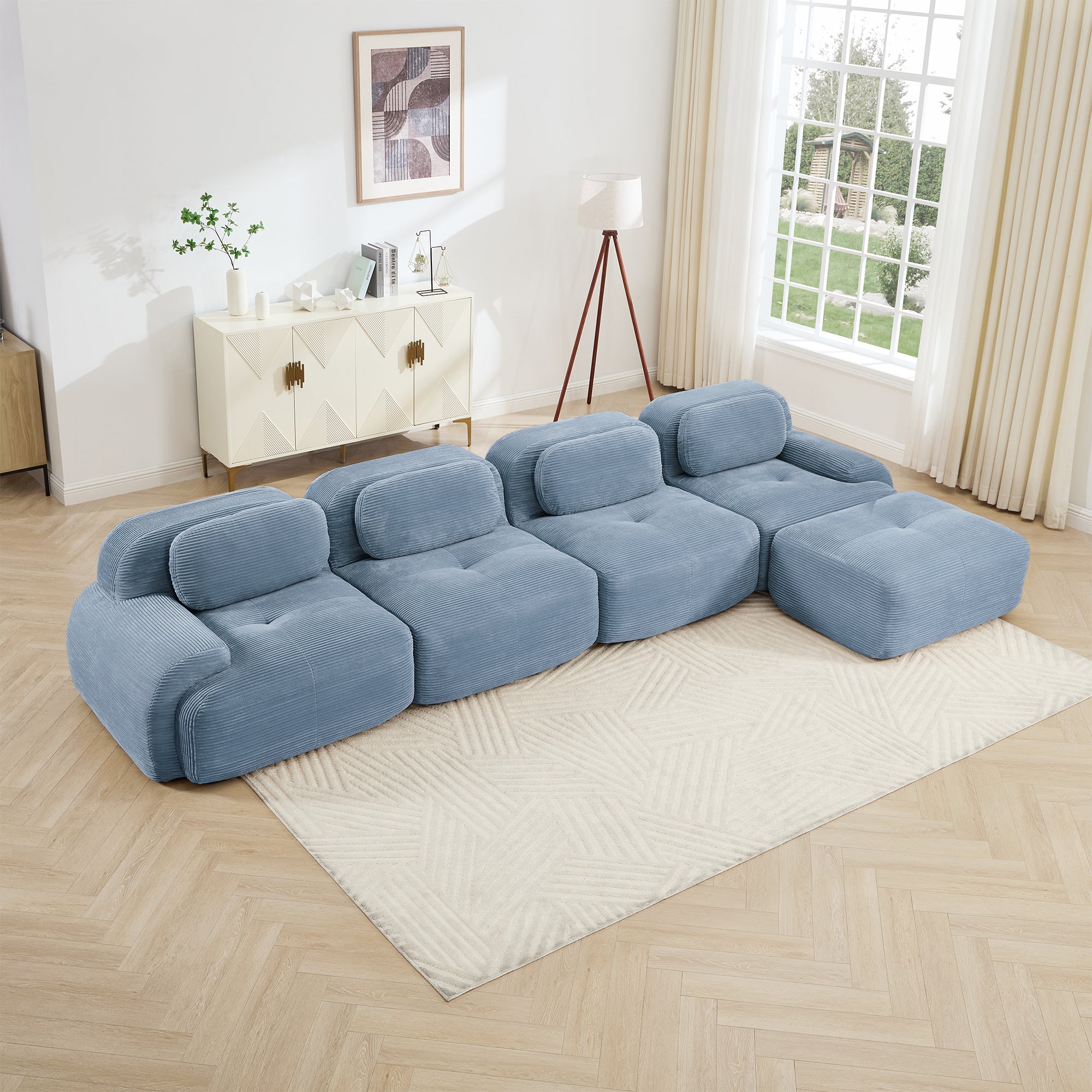 Anchorage 152" Modular Corduroy Cloud L-Shaped Sectional Sofa with Ottoman