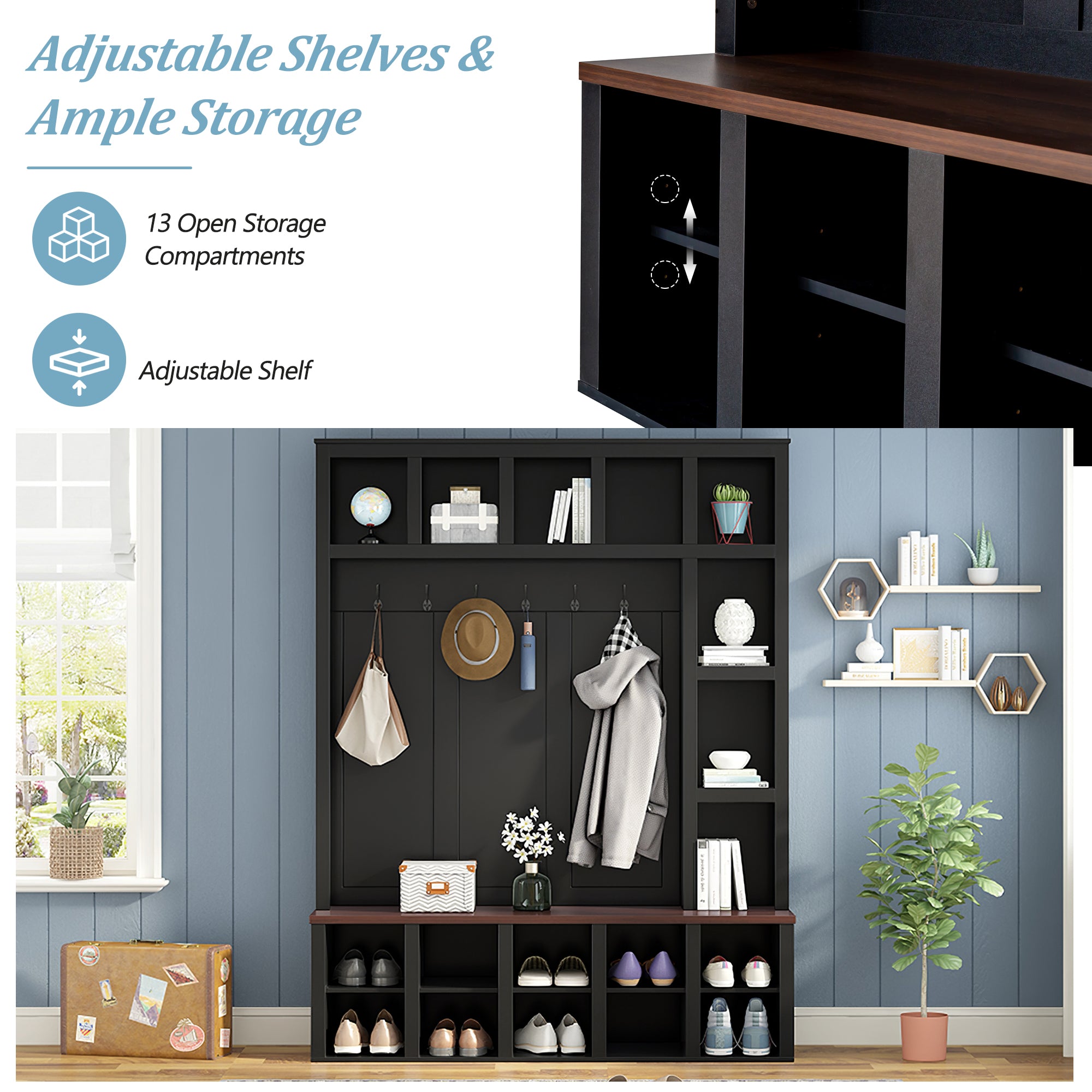 Visby 76.7"H Hall Tree with Shoe Storage, Black
