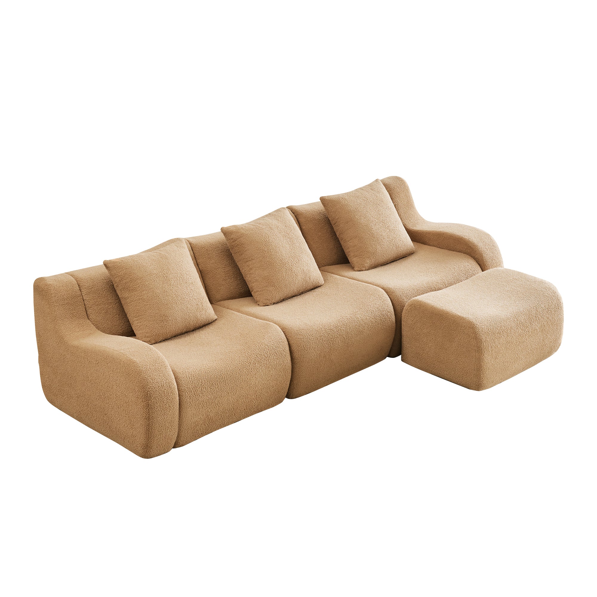 Chico 115" Modular Teddy Fabric L-Shaped Sofa with Curved Armrests and Movable Ottoman