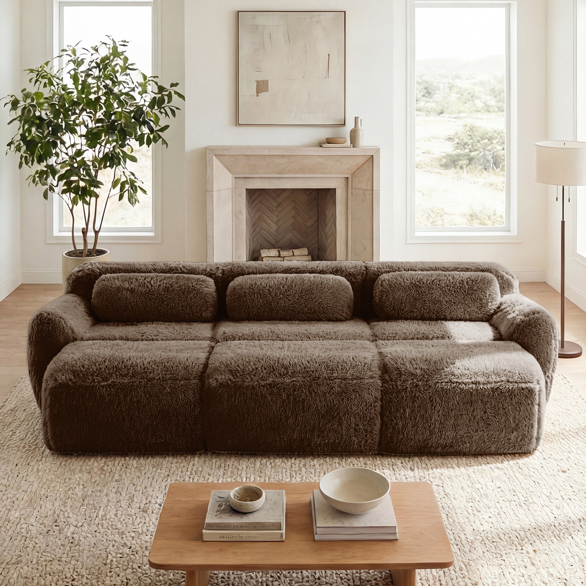 Durham 115" Modular Corduroy Plush 3-Seater Sofa with High-Density Sponge and Movable Ottomans