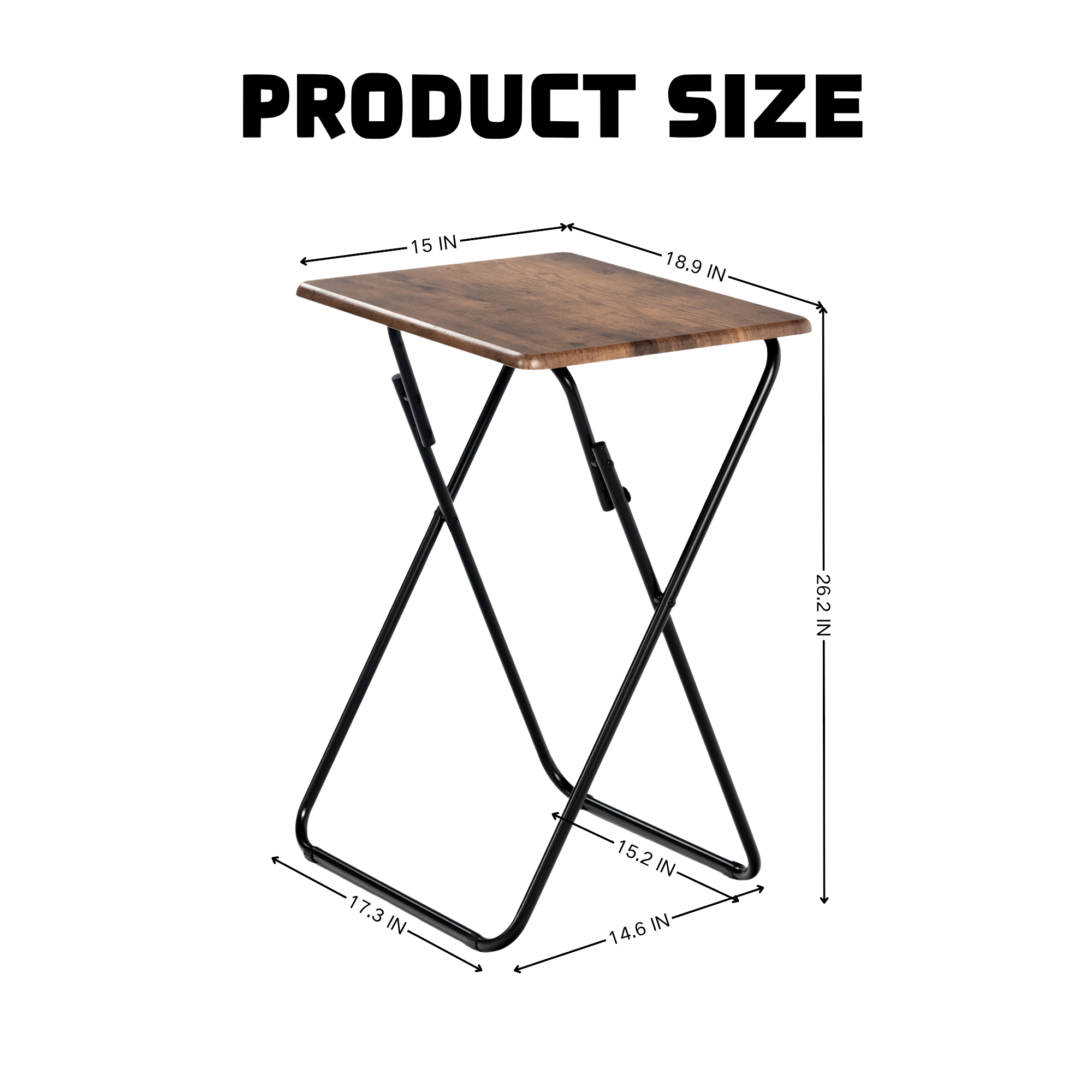 Folding TV Tray Table, 18.9" Wide Rustic Wood Top, Metal Frame, No Assembly, Portable Snack Table for Sofa or Bed, Black