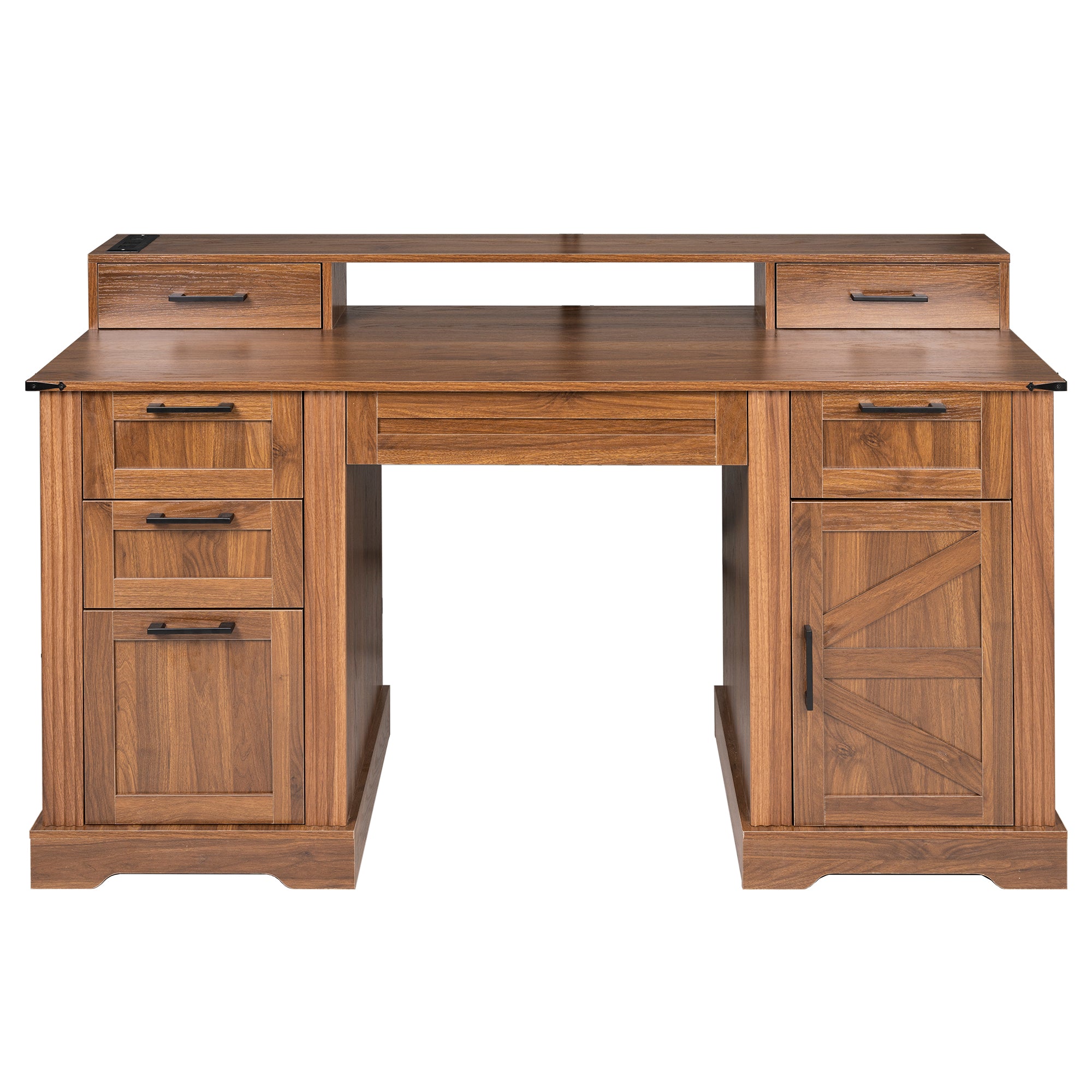 Kova 59" Farmhouse Office Desk with Storage Cabinets and Charging Station