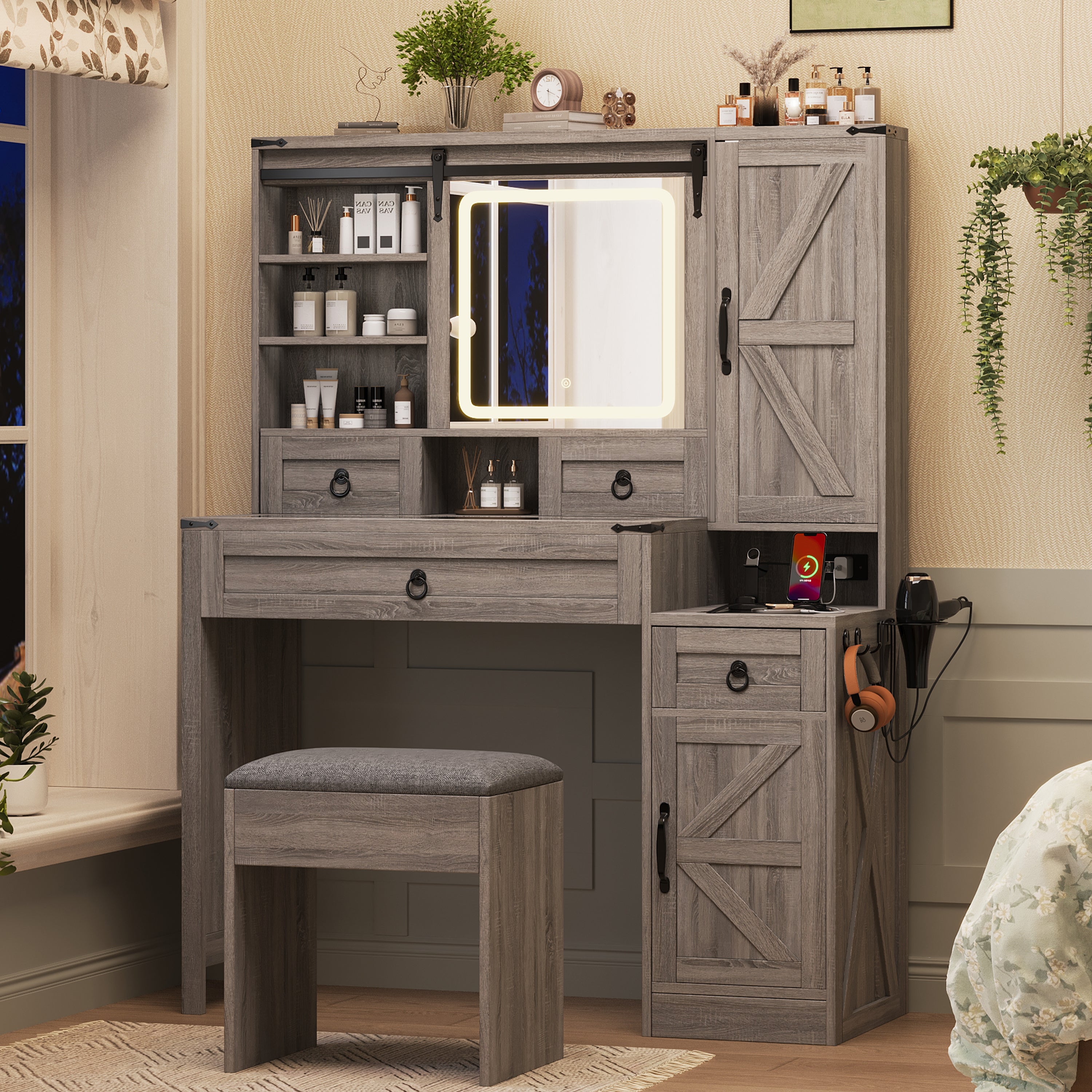 Quartzine Farmhouse Vanity Desk Set with Lighted Mirror and Charging Station