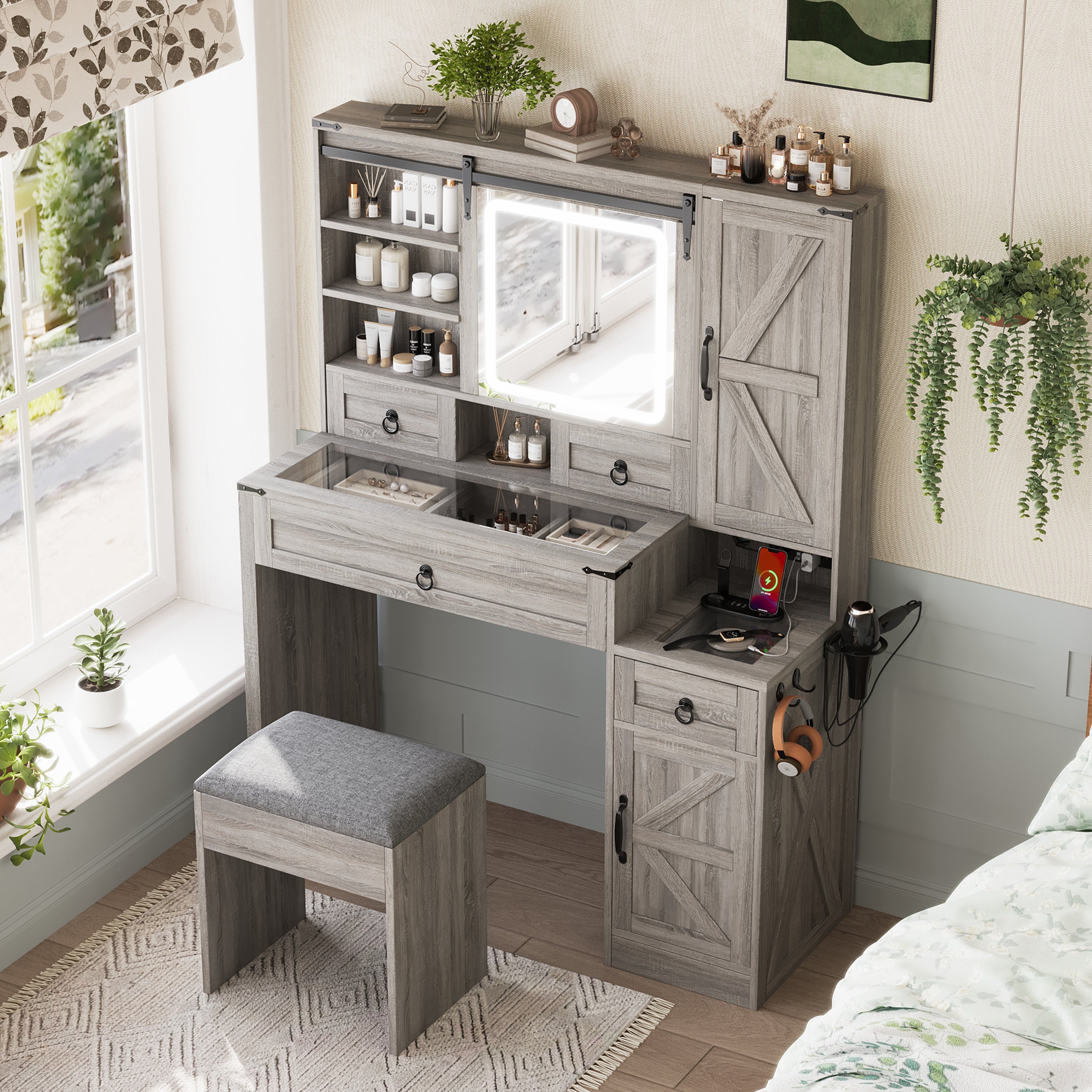 Quartzine Farmhouse Vanity Desk Set with Lighted Mirror and Charging Station