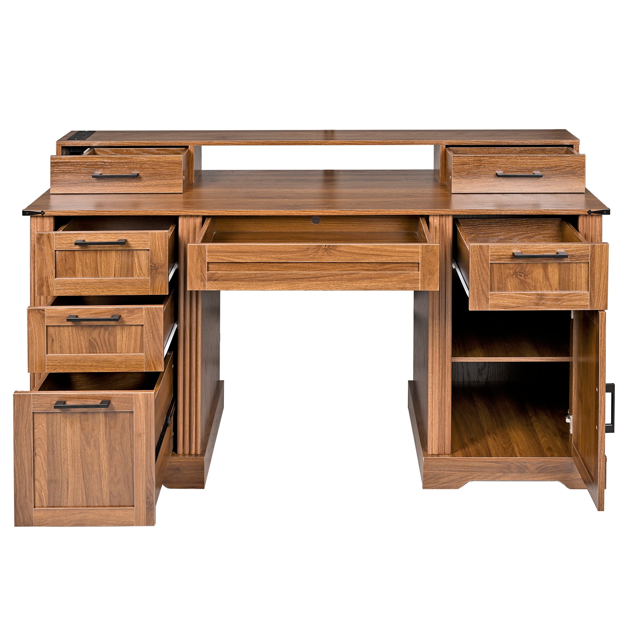 Kova 59" Farmhouse Office Desk with Storage Cabinets and Charging Station