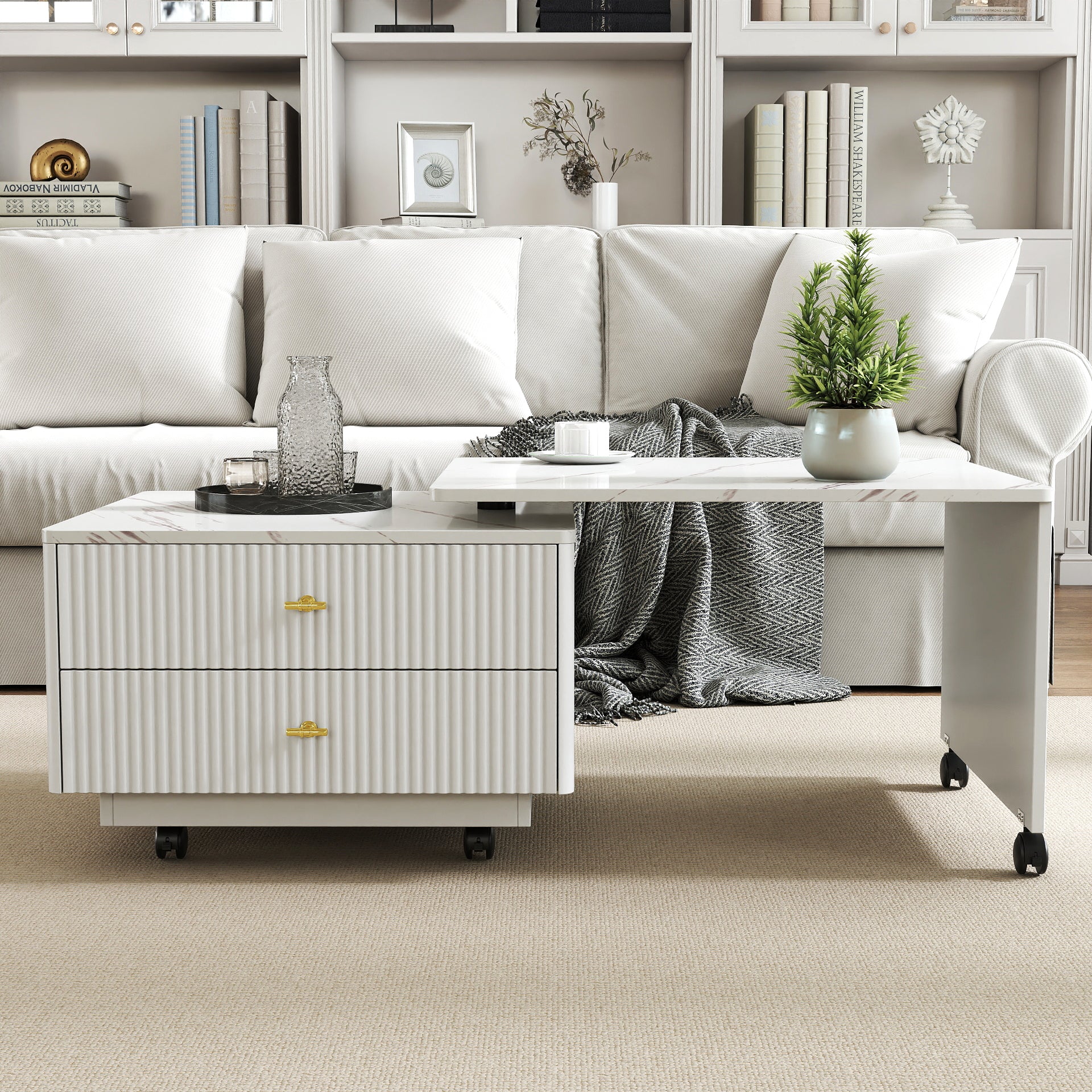 Vesta 47.24" Modern White Extendable Coffee Table with Storage Drawers and Wheels