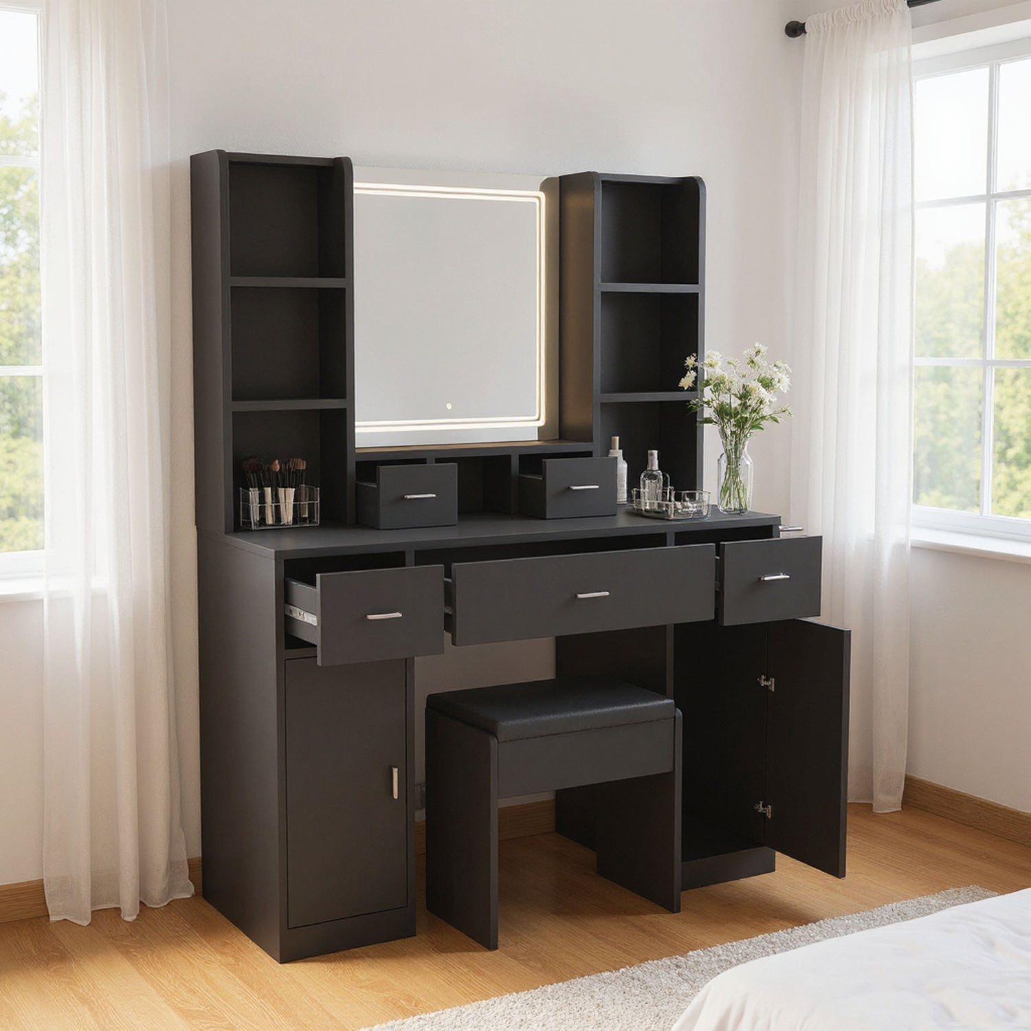 The Black dressing table with LED mirror is equipped with a hair dryer rack, and the dressing tables in the bedroom and dressing room are equipped with dressing stools