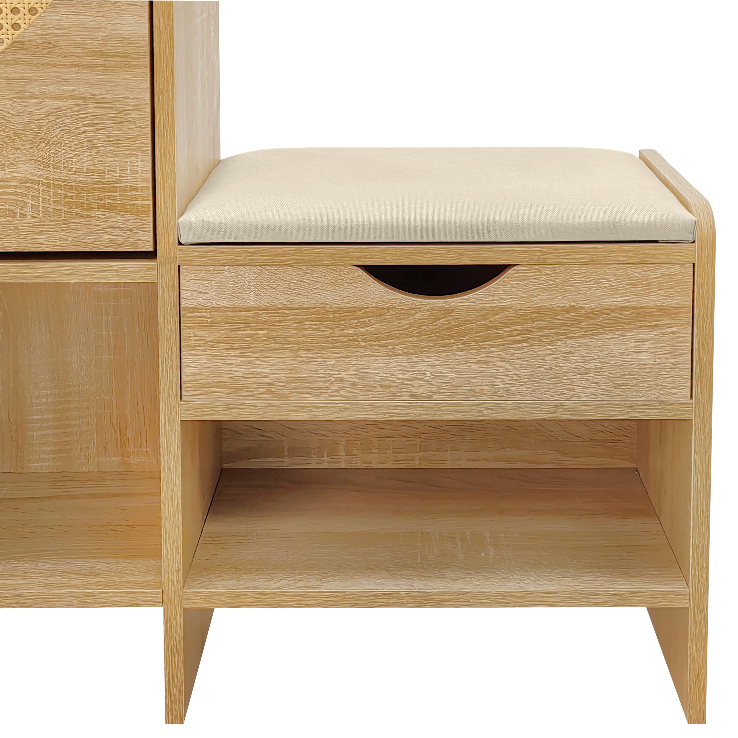 Willow Rattan Shoe Storage Cabinet with Flip Drawers & Bench, Natural Wood Finish