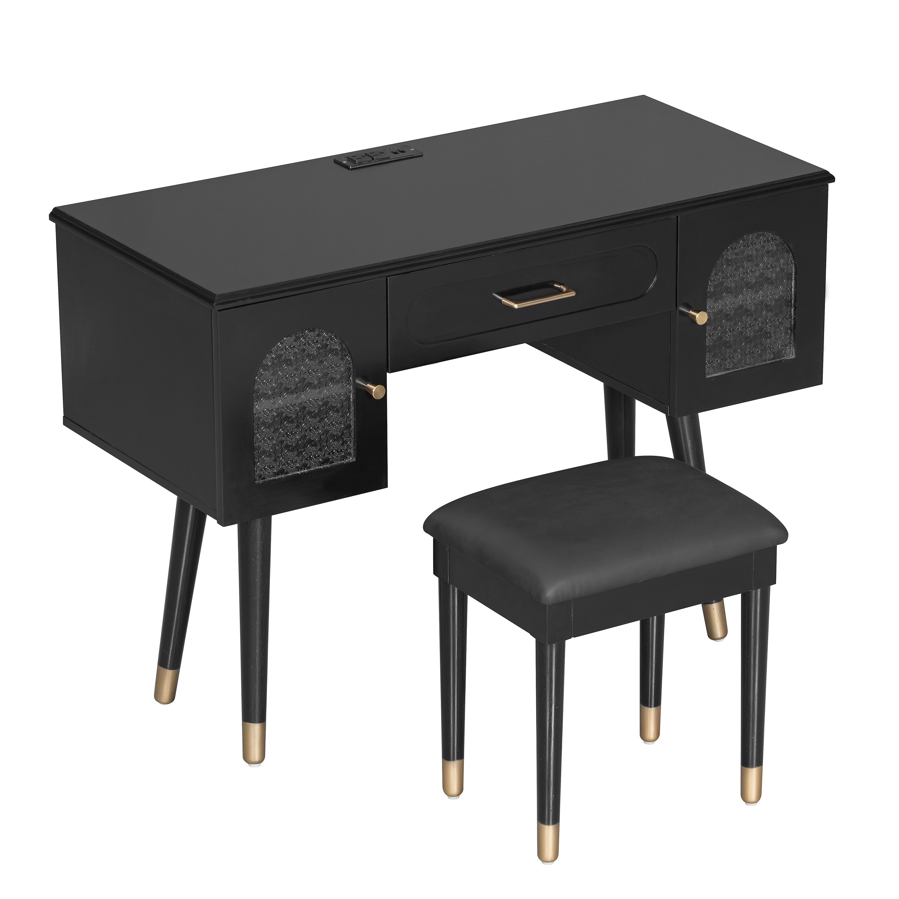Elegant Vanity Makeup Table & Chair Set, Modern Dressing Table with Organizer, Writing Desk, Charging Port, Black