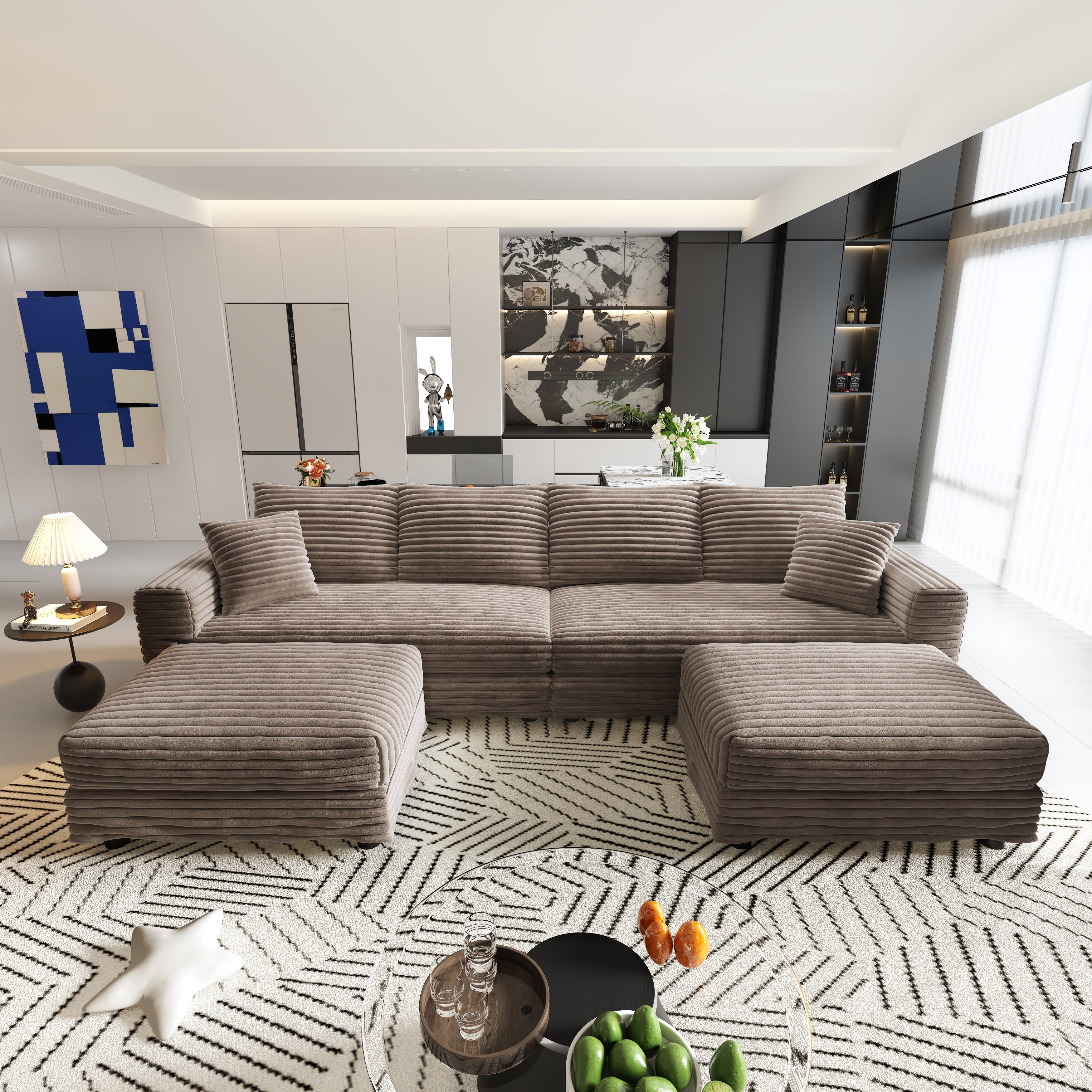Norwalk 102" Modular Plush Corduroy U-Shaped Sectional Sofa with Soft Pillows and 2 Ottomans