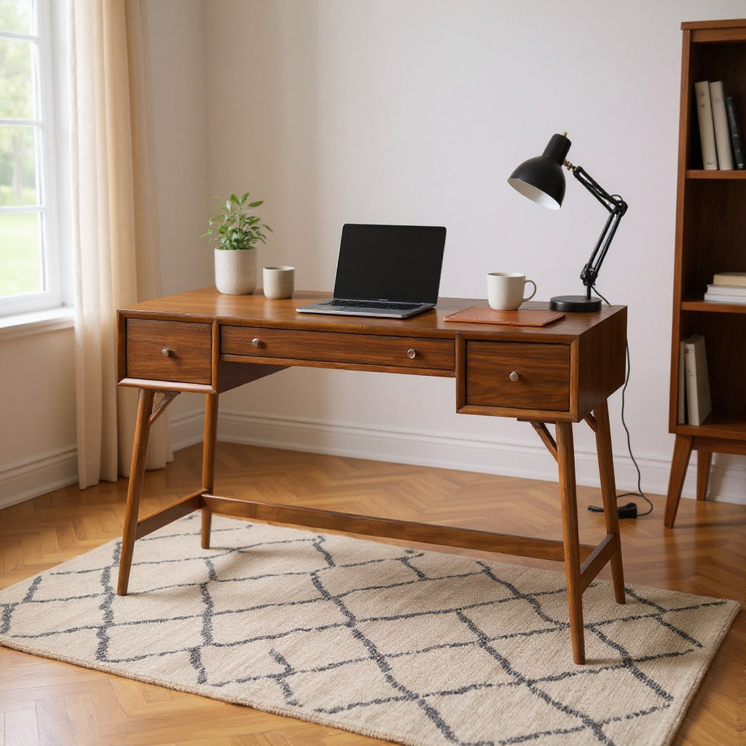 Modern Styling Counter Height Writing Desk Brown Finish Storage Drawers