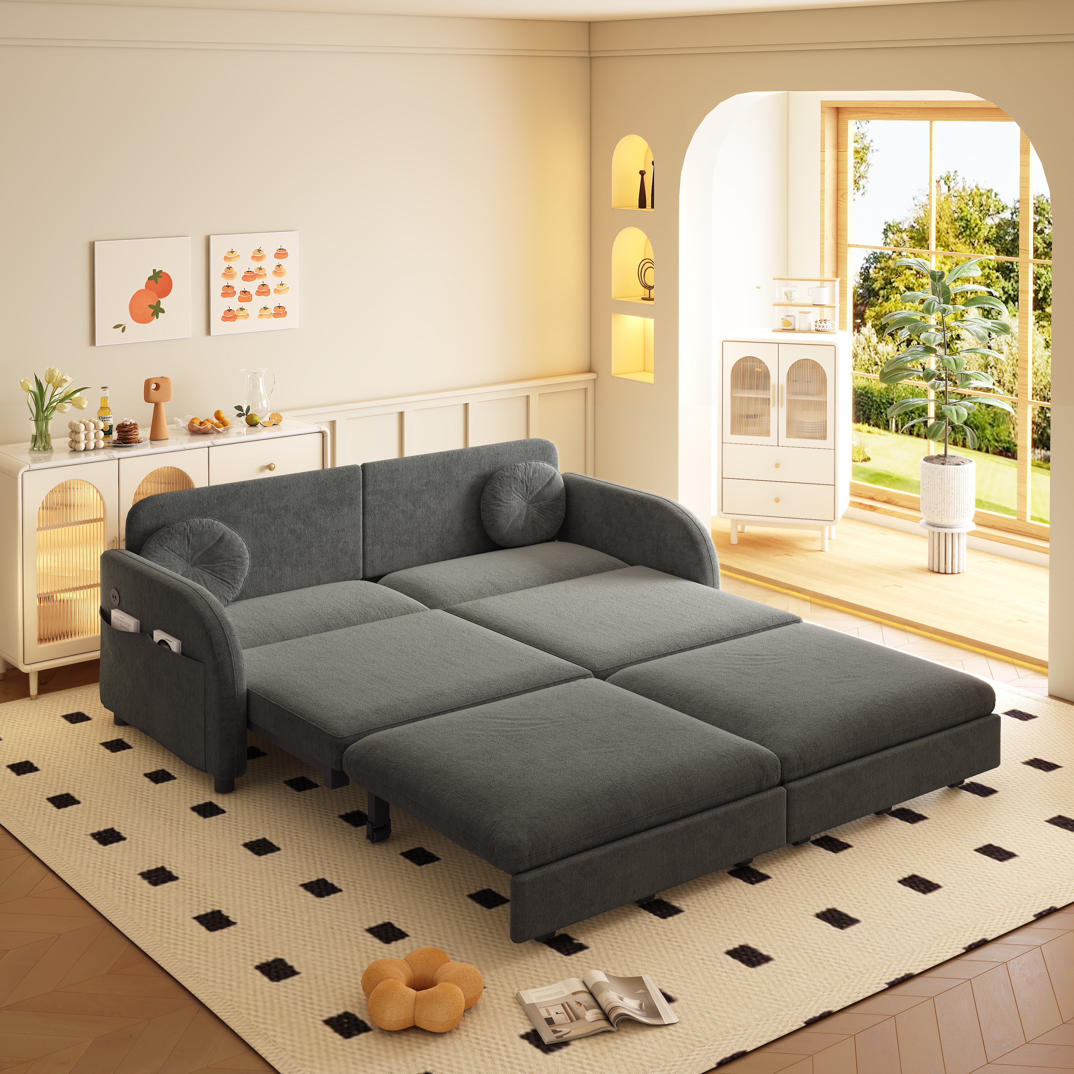 Layton 65" Upholstered Pull-Out Sleeper Sofa with Side Pocket and USB Port