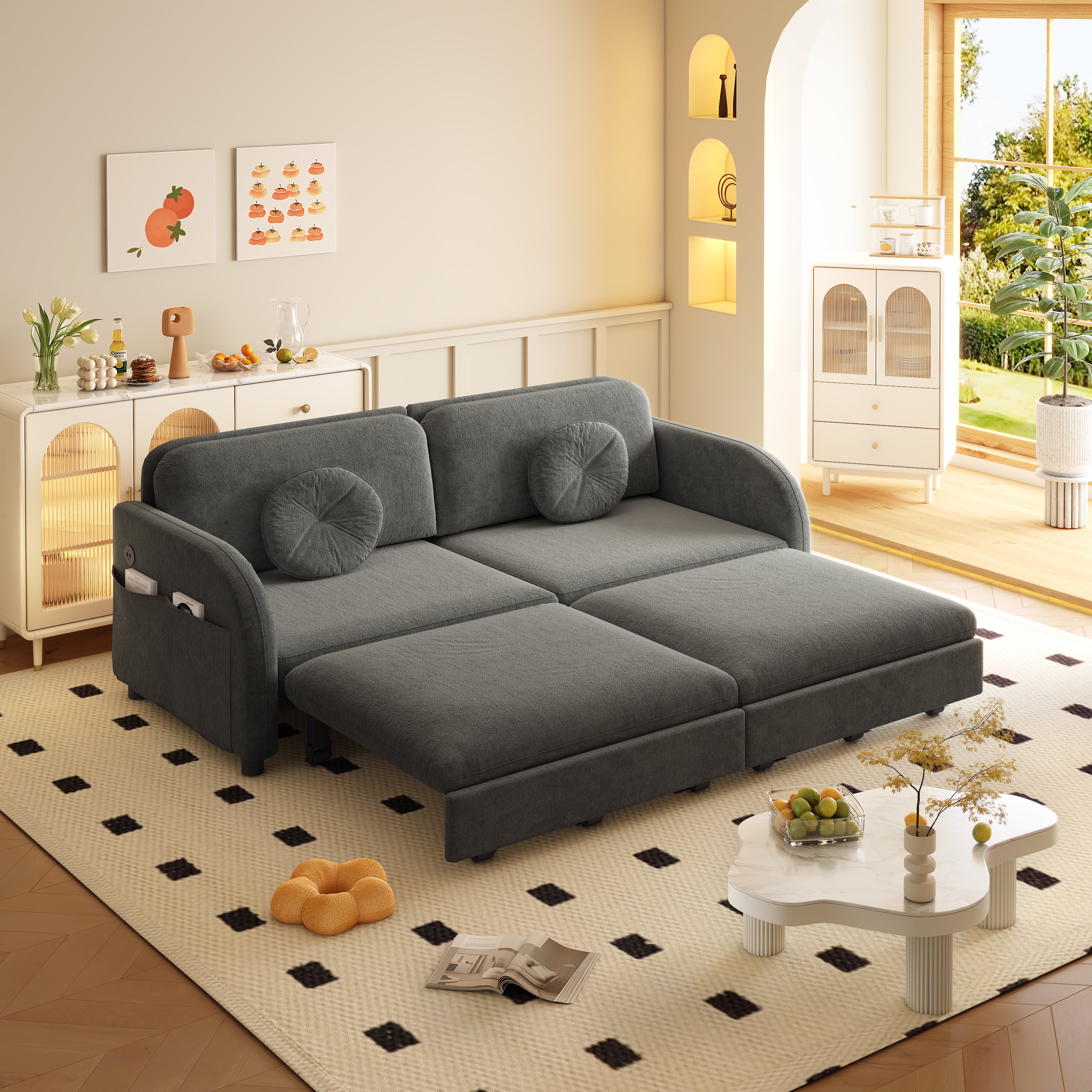 Layton 65" Upholstered Pull-Out Sleeper Sofa with Side Pocket and USB Port