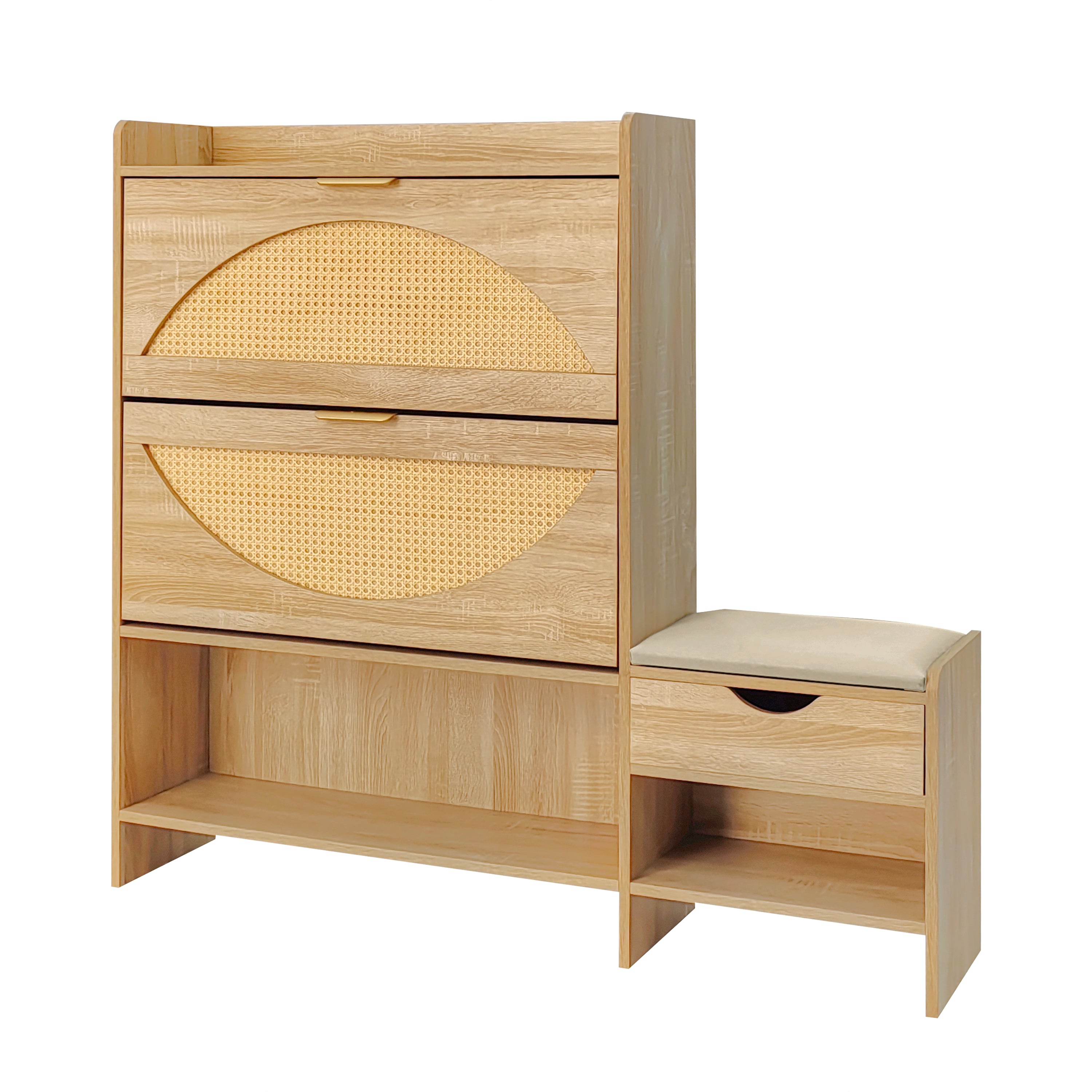Willow Rattan Shoe Storage Cabinet with Flip Drawers & Bench, Natural Wood Finish