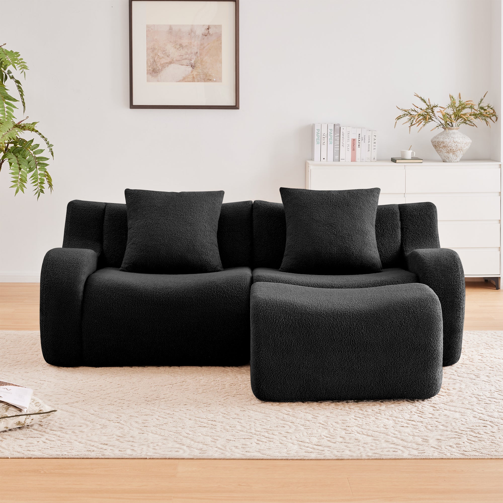 Chico 83" Modular Teddy Fabric L-Shaped Loveseat Sofa with Movable Ottoman