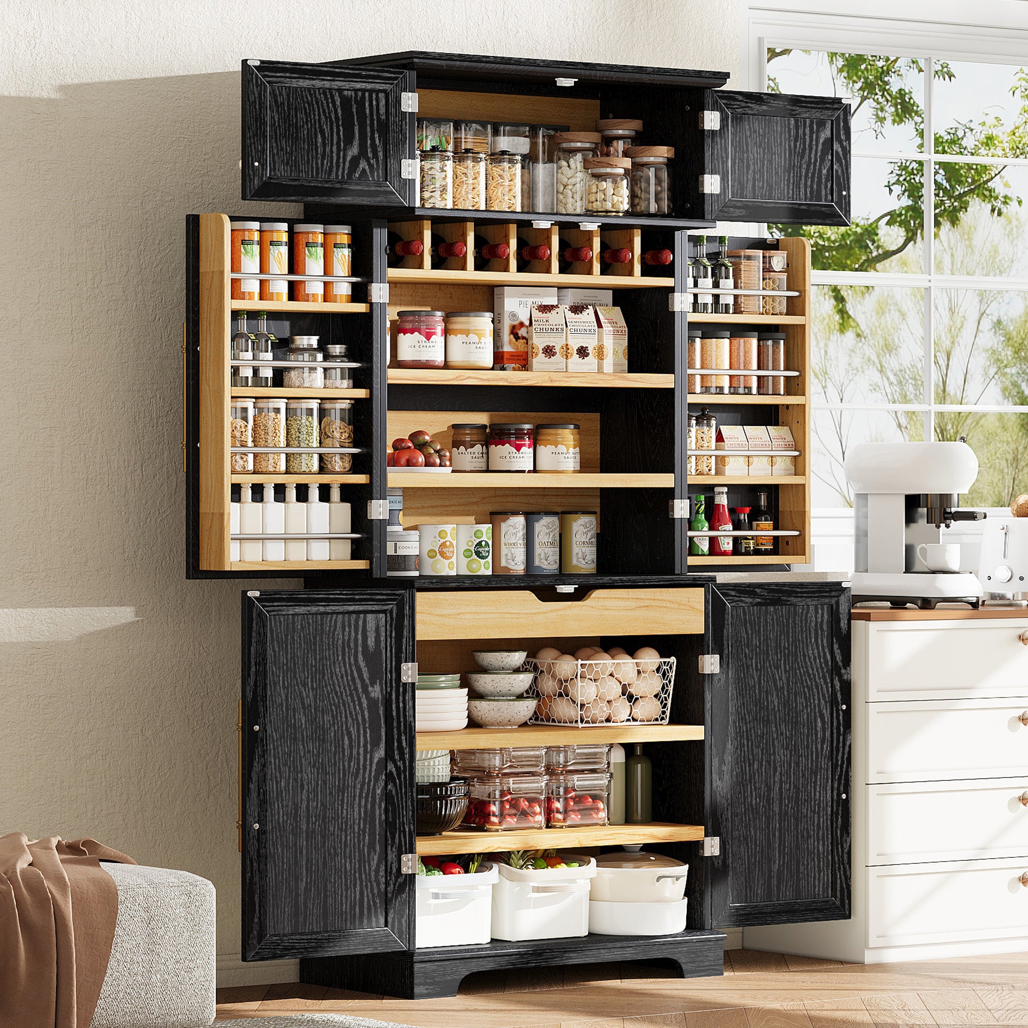 Bristol 78.2" Farmhouse Ash-Black Kitchen Pantry Cabinet with Adjustable Shelves