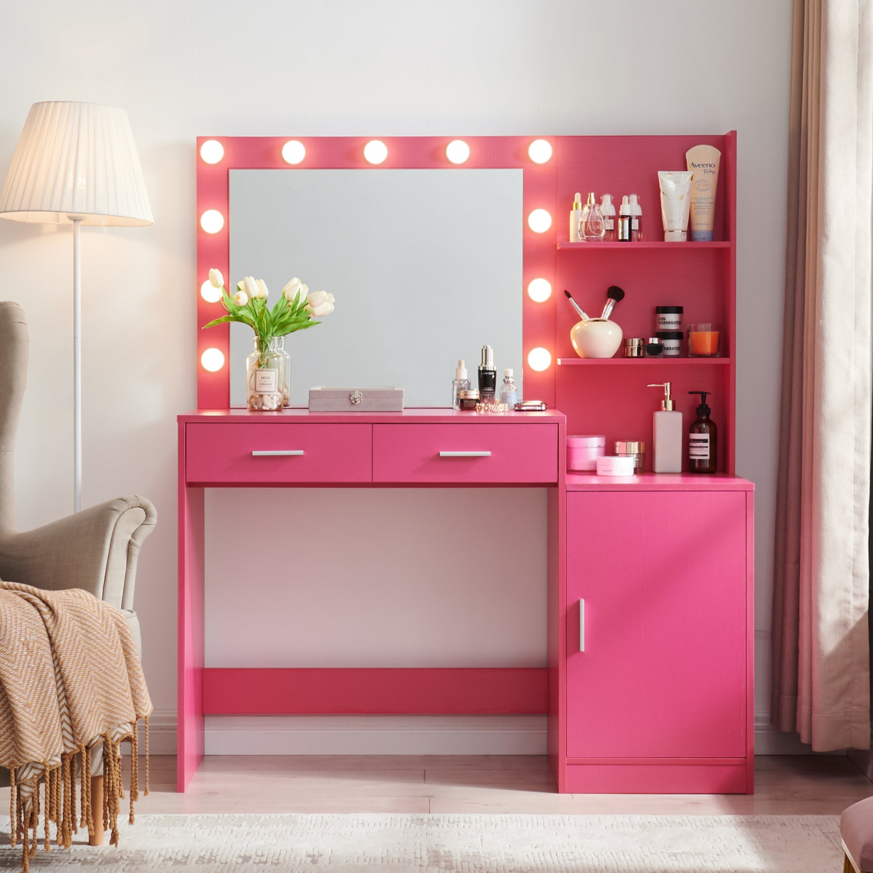 Espoo 46.4" Modern Vanity Desk with Lighted Mirror, Pink