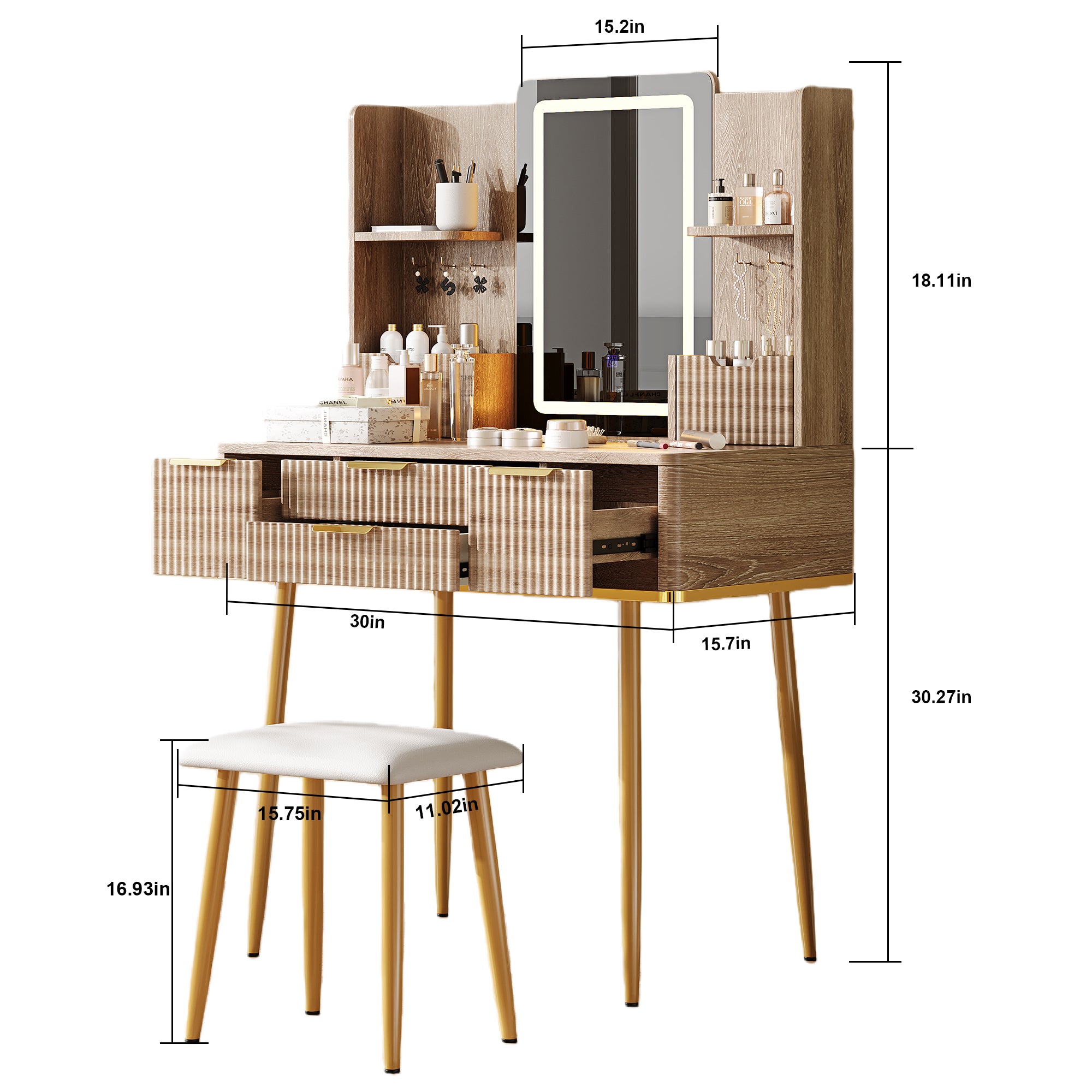 Umea 30" Fluted Makeup Vanity Desk Set with LED Lighted Mirror Ample Storage