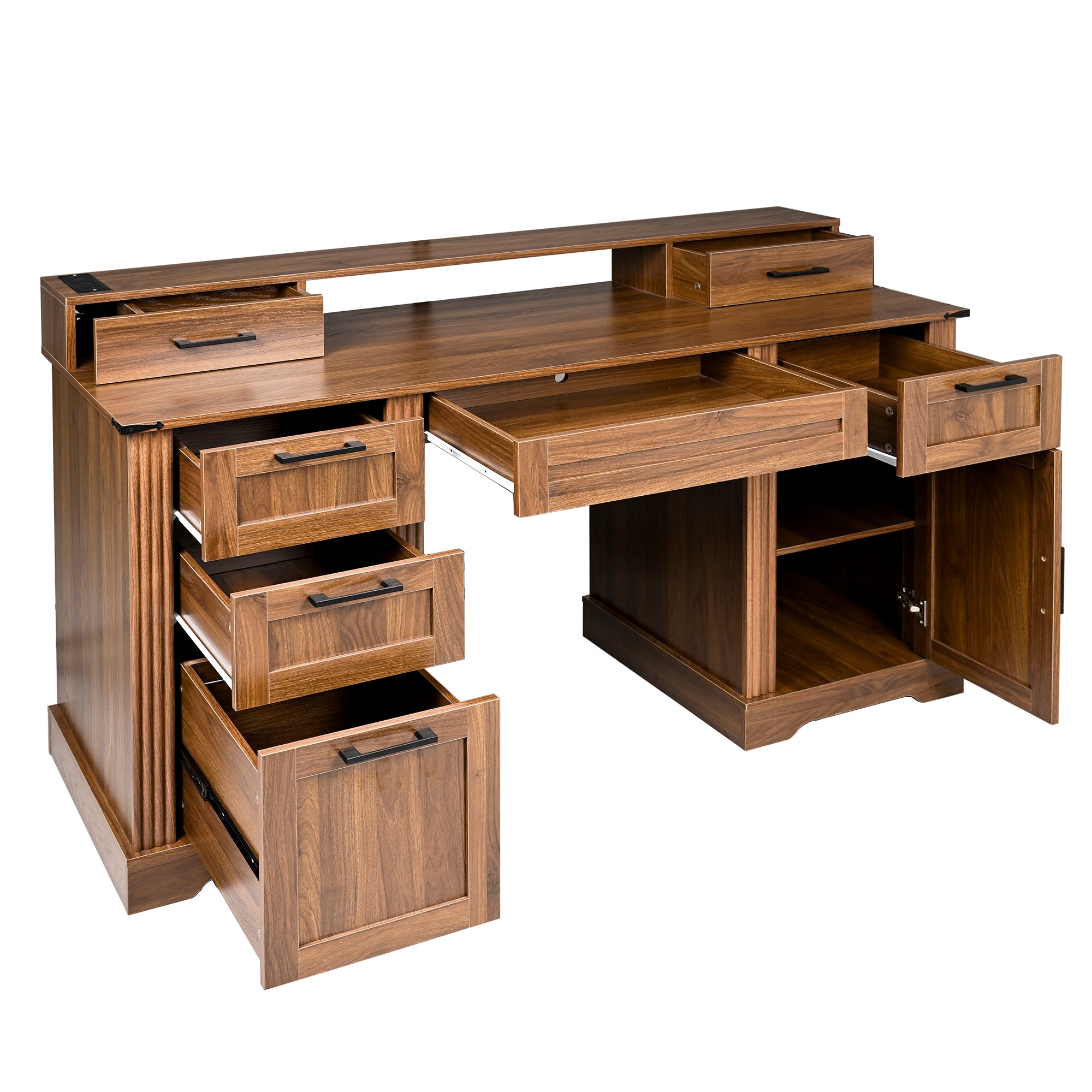 Kova 59" Farmhouse Office Desk with Storage Cabinets and Charging Station