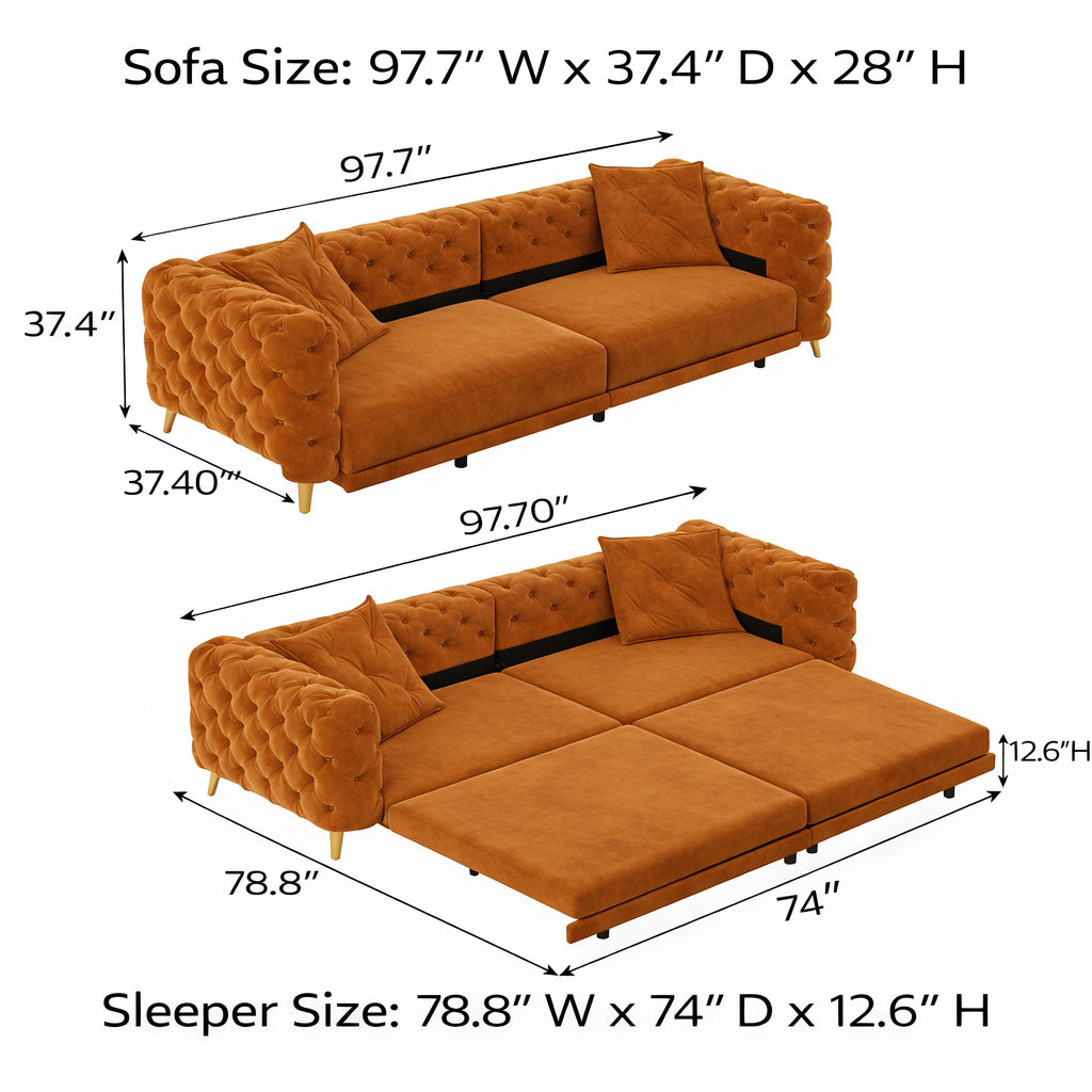 Allentown 98" Velvet Button Tufted 4-Seater Sleeper Sofa Bed with Movable Ottoman