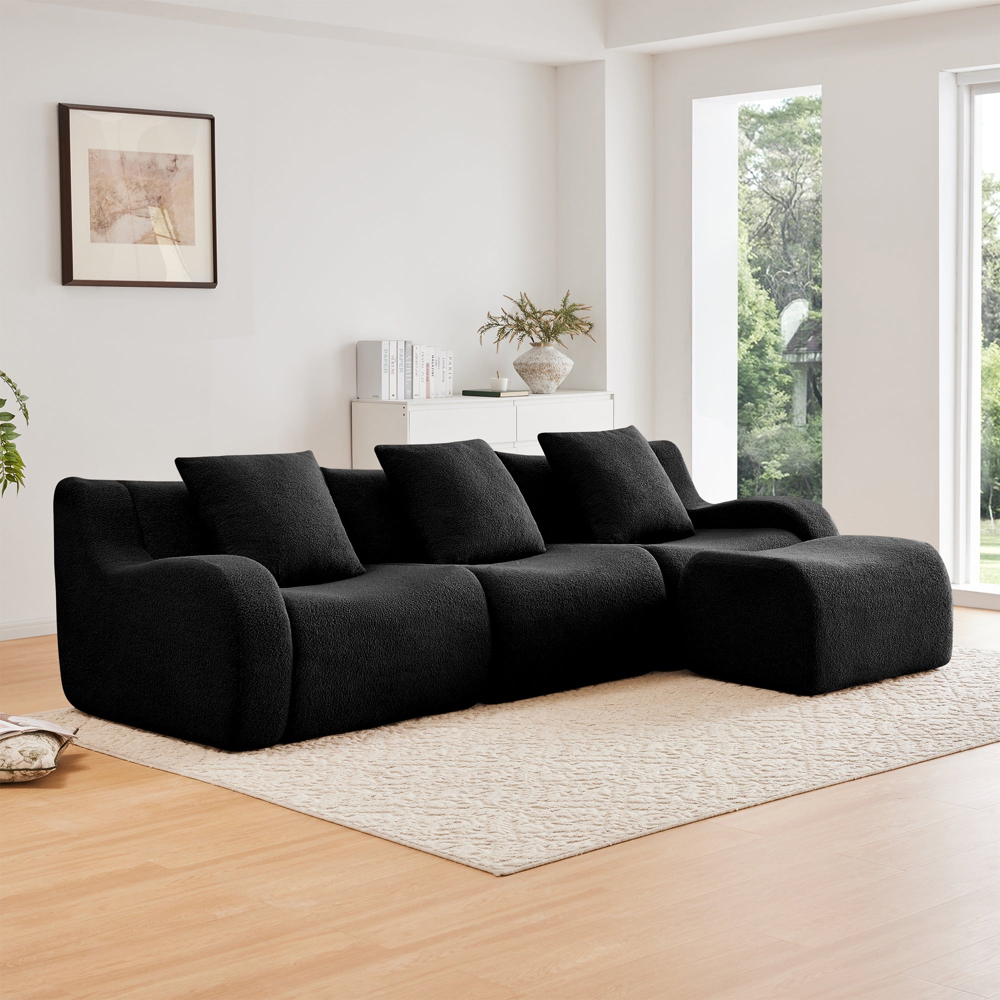 Chico 115" Modular Teddy Fabric L-Shaped Sofa with Curved Armrests and Movable Ottoman