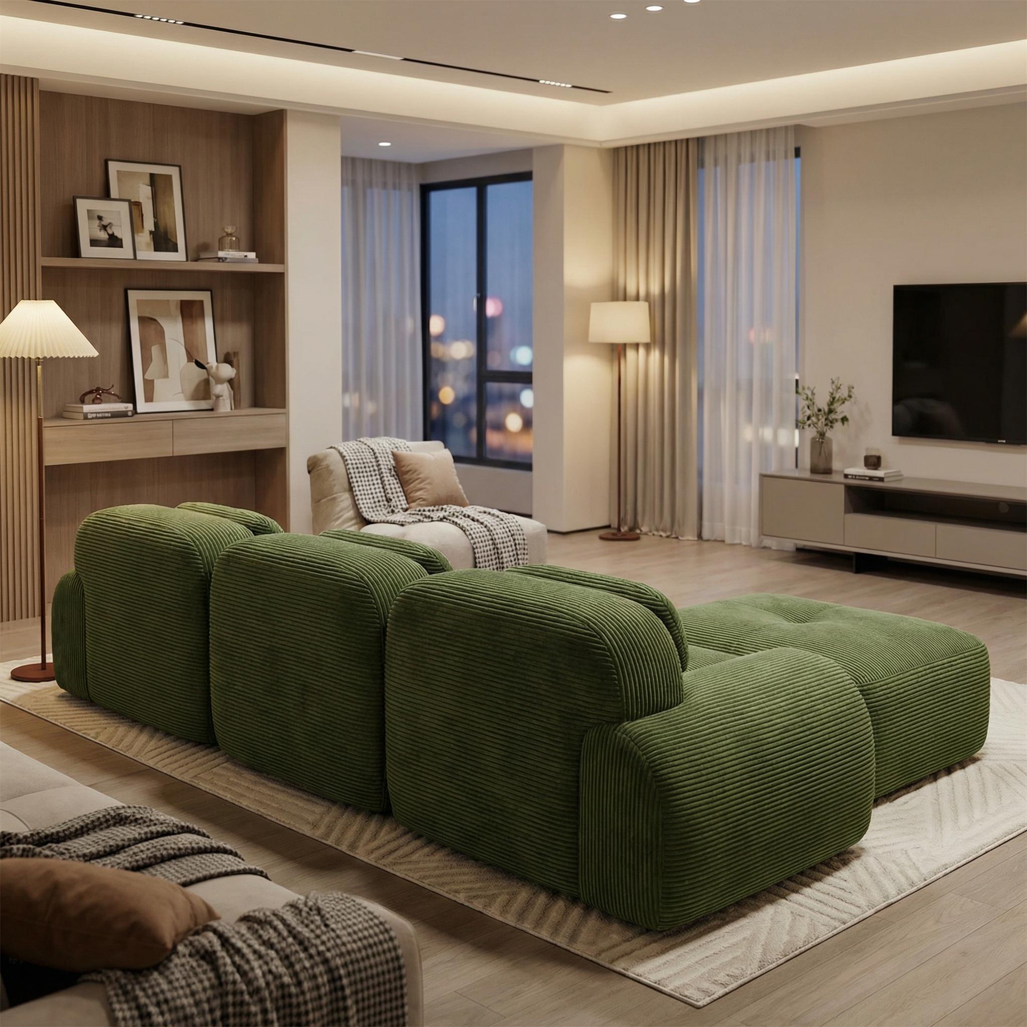 L-Shaped Modular Sofa, No Assembly, Ergonomic Design, Corduroy Fabric, Extra-Wide Armrests, Living Room/Bedroom, Olive Green