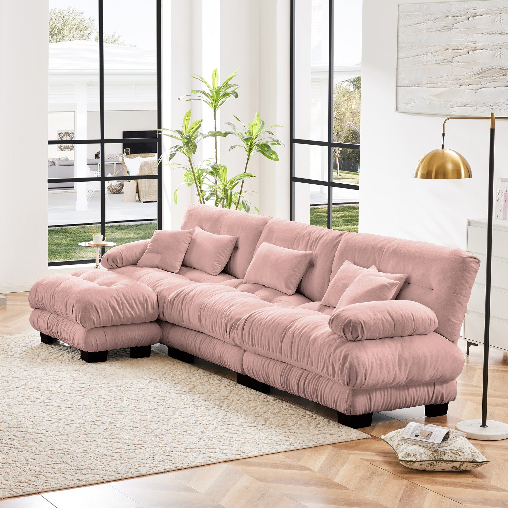 Monterey 134" Modular Chenille Cloud L-Shaped Sectional Sofa with Convertible Ottoman