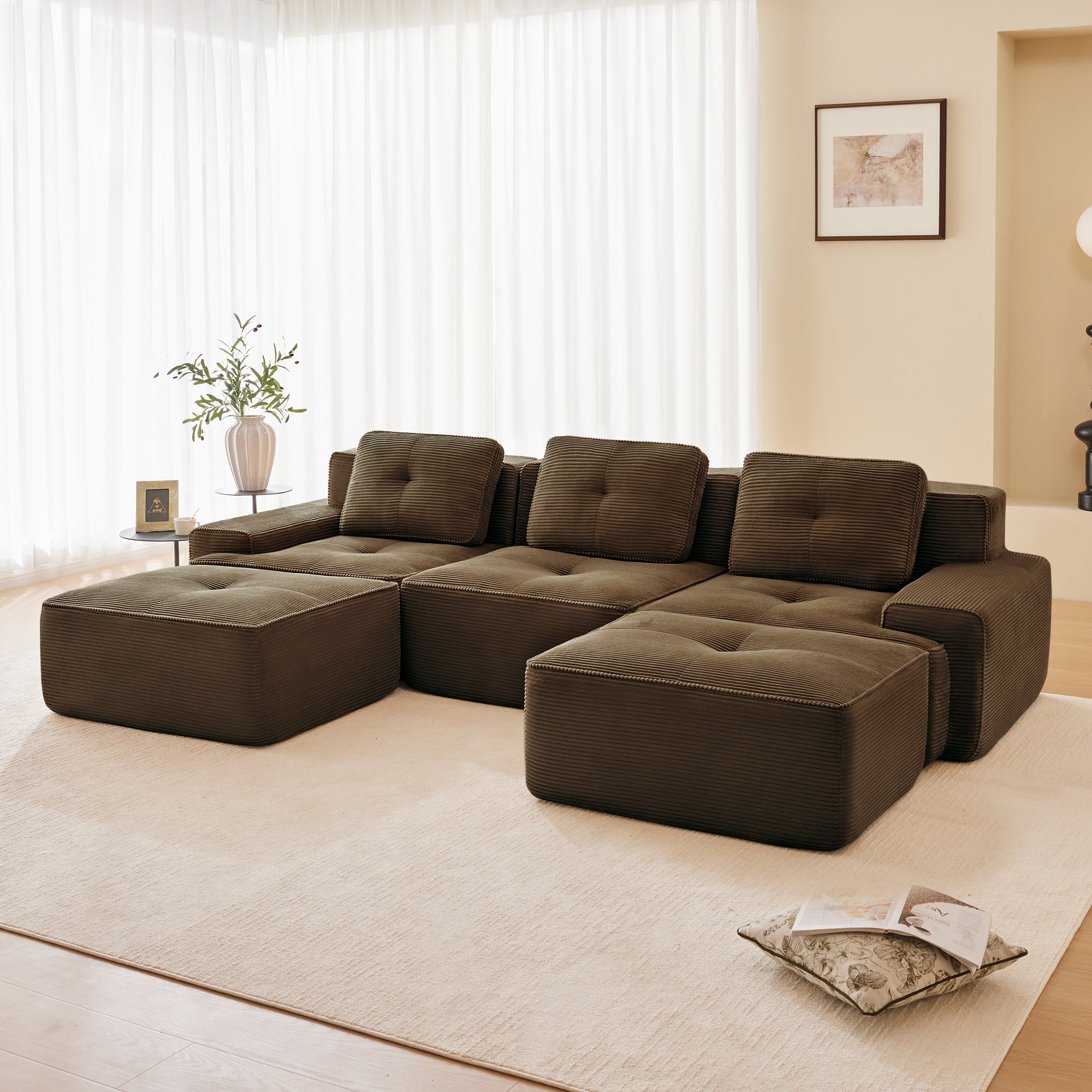 Racine 117" Modular Corduroy Fabric U-Shaped Sectional Sofa with Deep Seat and Movable Ottoman