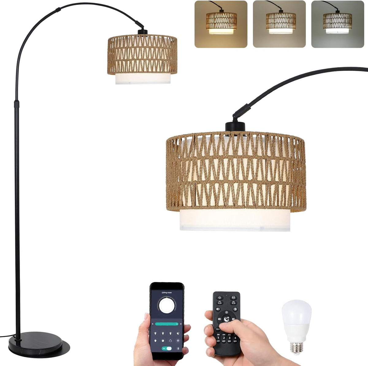 Halo 63"-73" Adjustable Arc Floor Lamp with Rattan Shade and Dimmable LED
