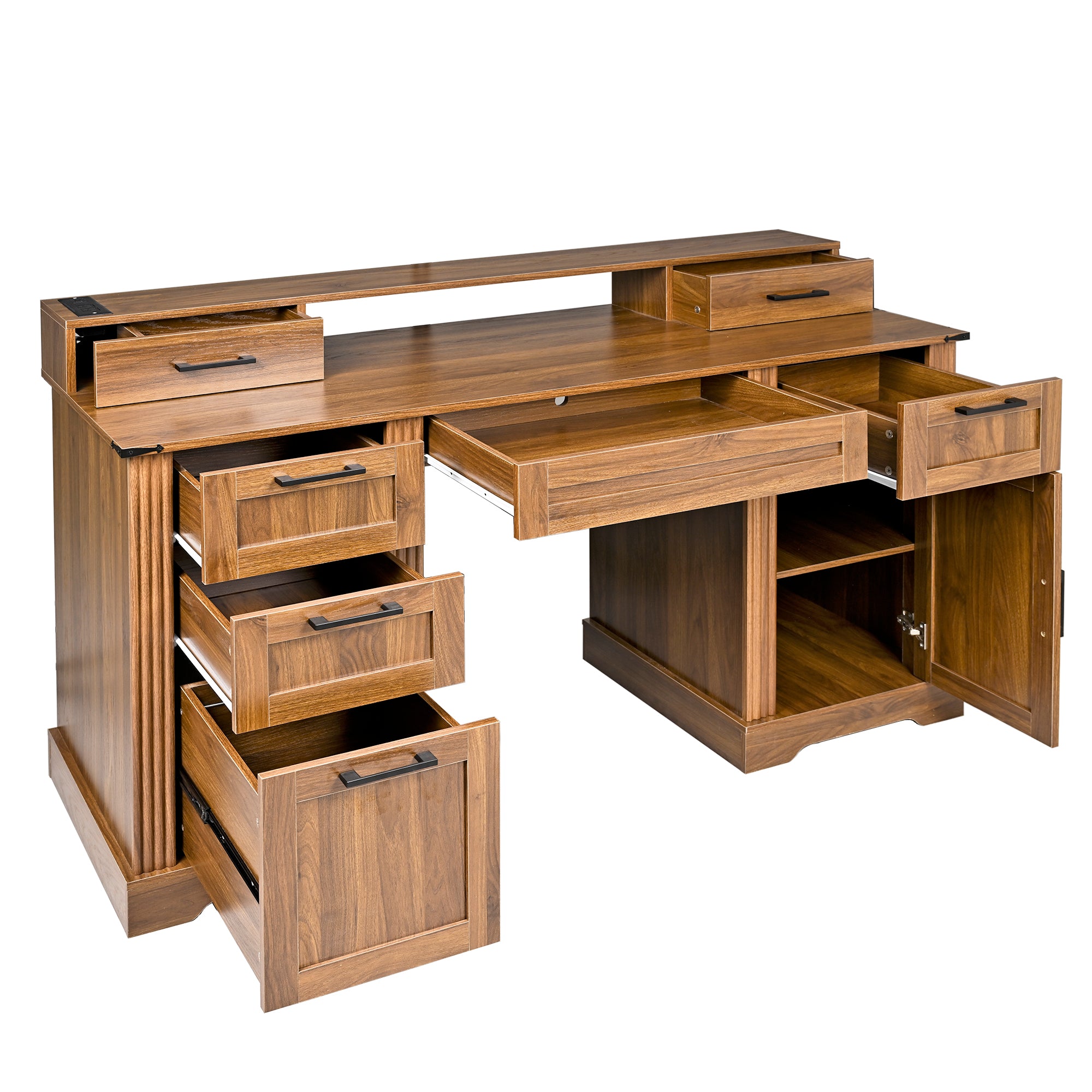 Kova 59" Farmhouse Office Desk with Storage Cabinets and Charging Station