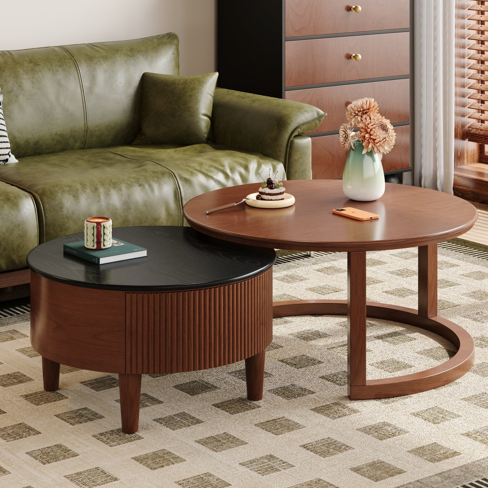 Imola 32" Round Nesting Coffee Table Set with Fluted Storage Drawer