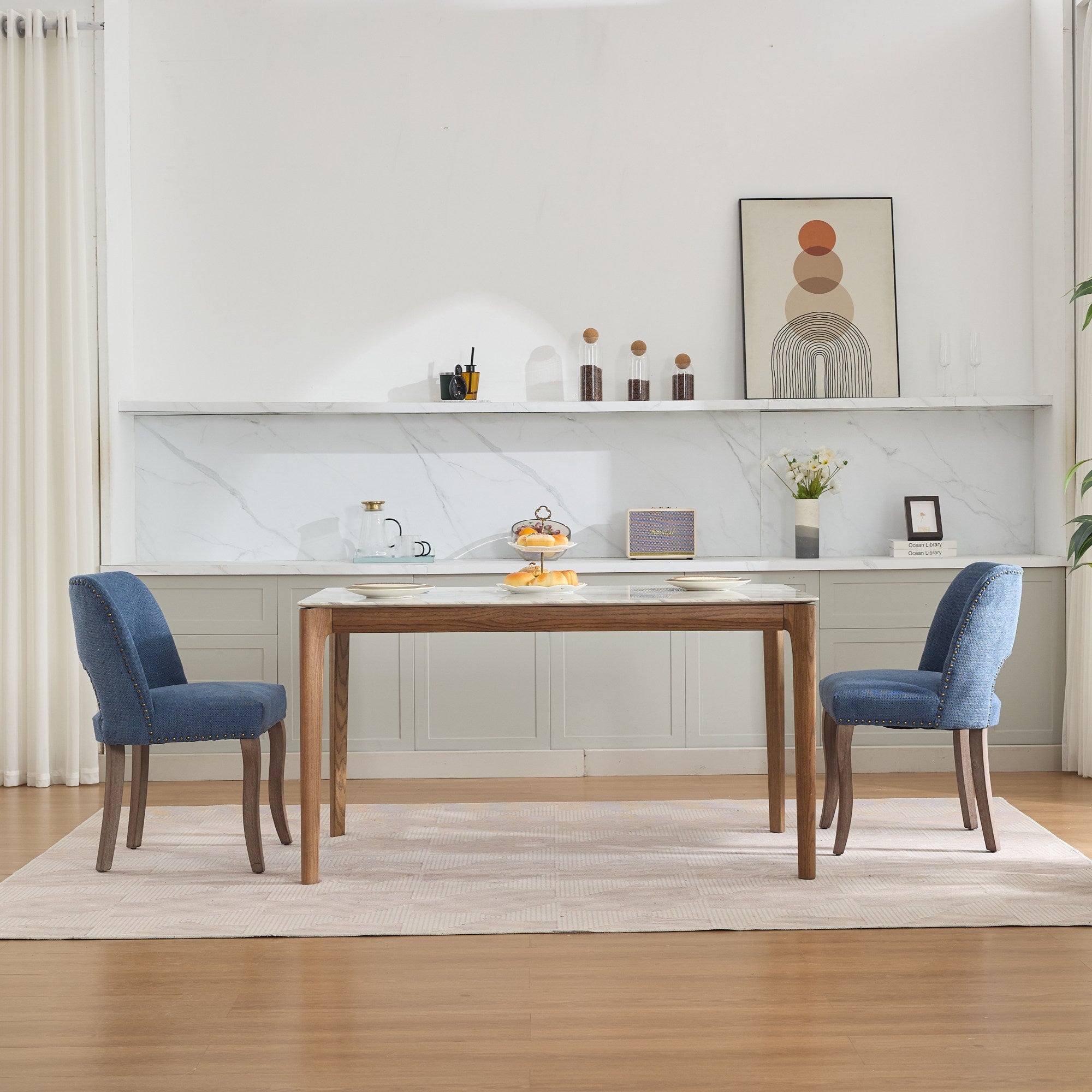Tiberis Modern Fabric Upholstered Dining Chair Set of 2 Wood Frame