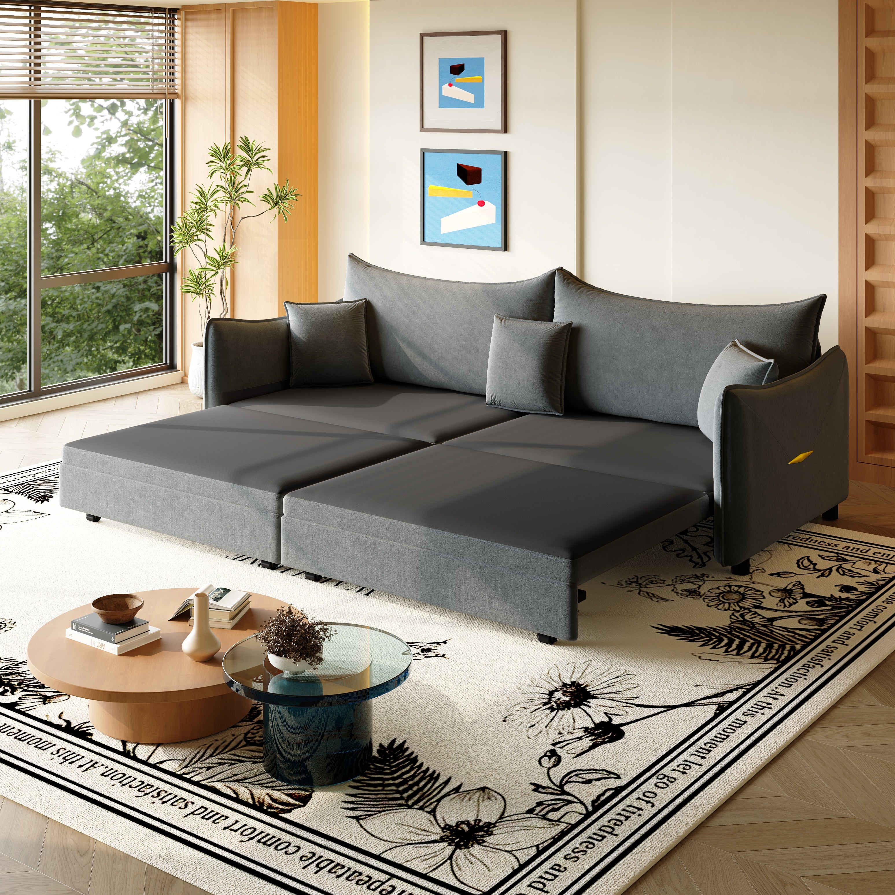 Hesperia 82" Modular Velvet 3-in-1 Convertible Sofa Bed with Pillows