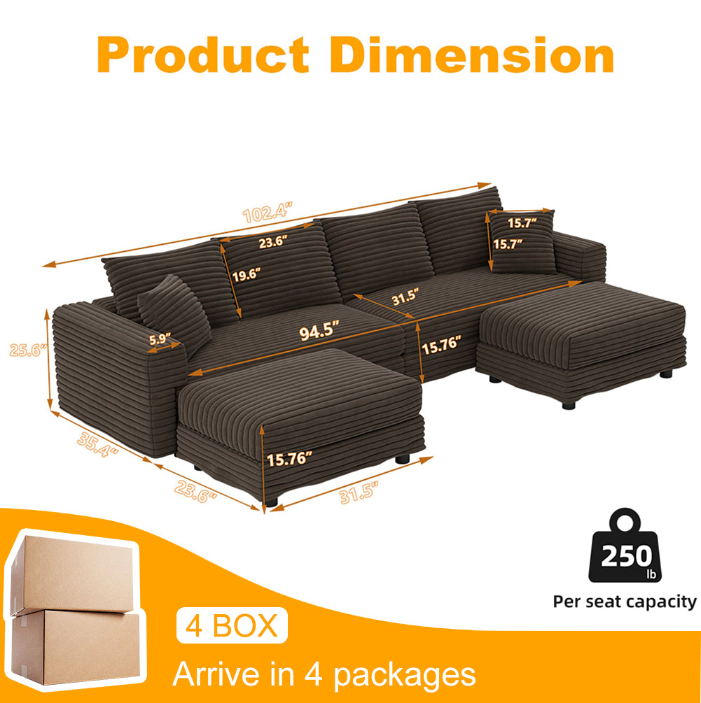 Norwalk 102" Modular Plush Corduroy U-Shaped Sectional Sofa with 2 Movable Ottomans
