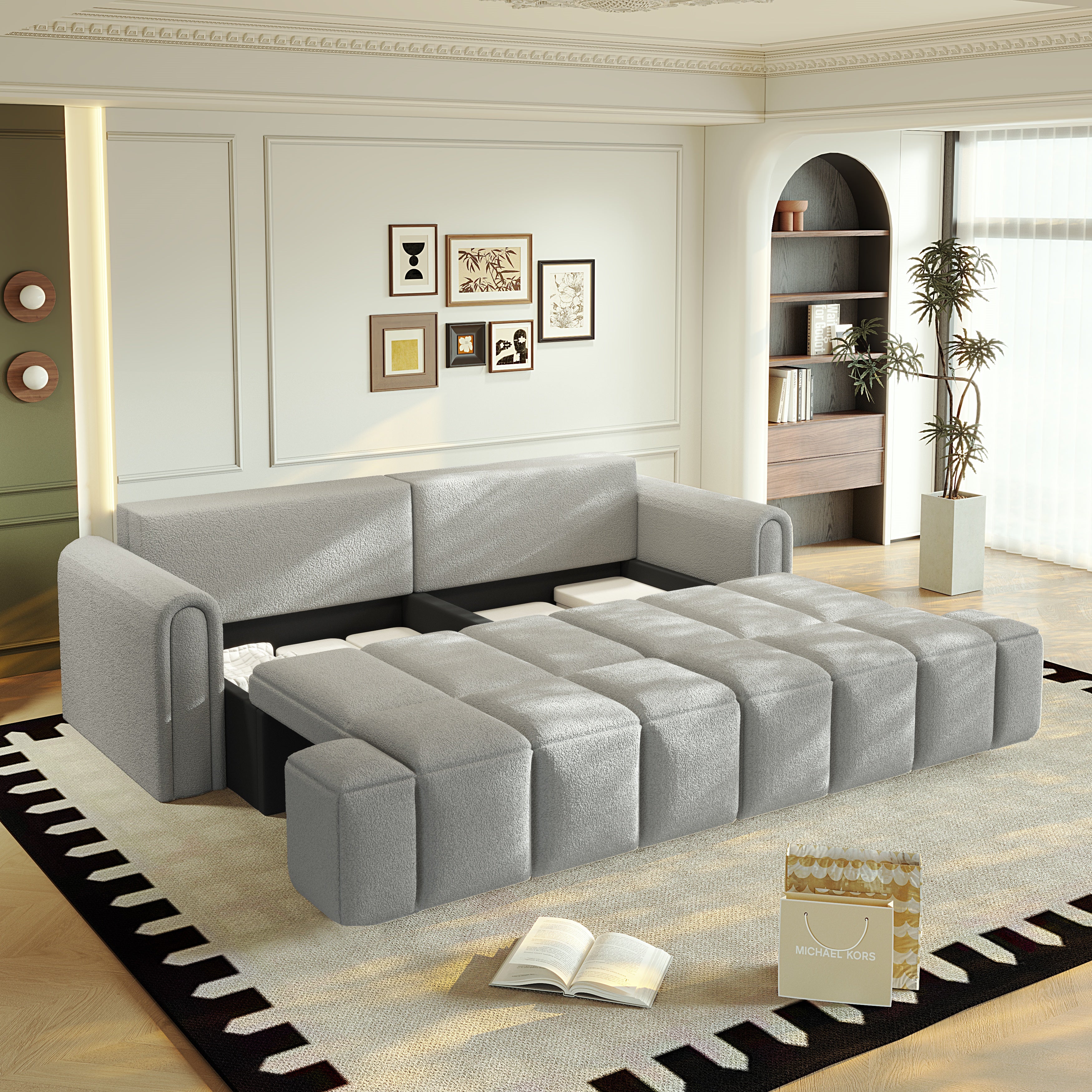Muncie 90" Teddy Fabric Convertible 4-Seat Sleeper Sofa Bed with Storage