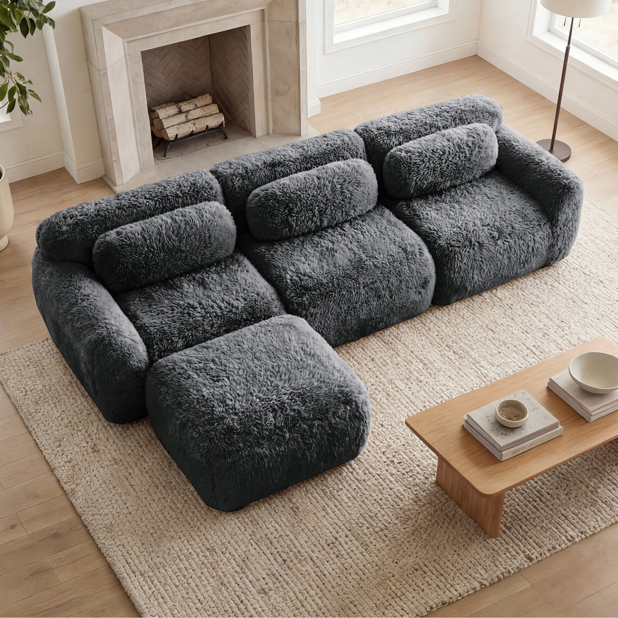 Durham 115" L-Shaped Plush Sectional Sofa with Movable Ottoman and High-Density Sponge