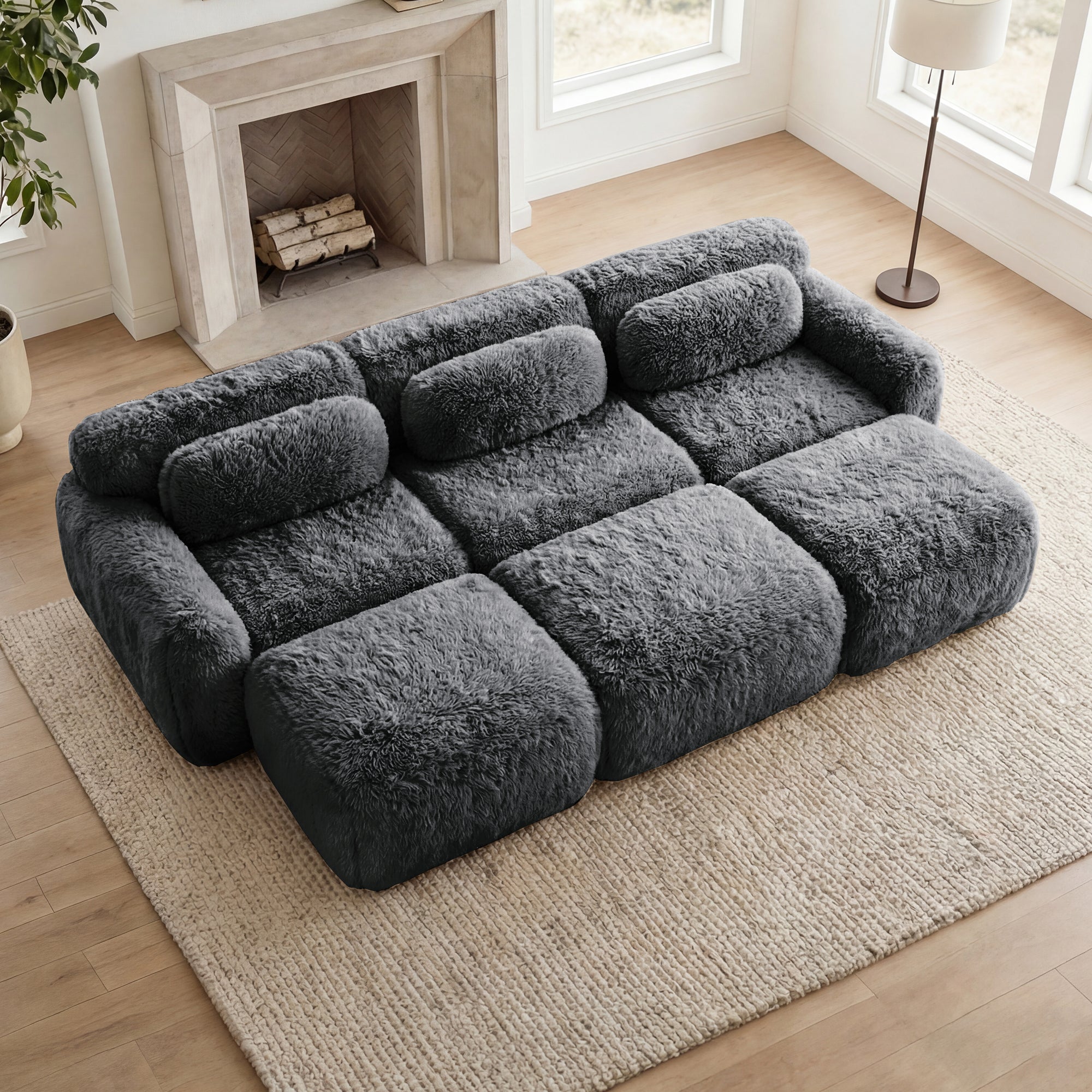 Durham 115" Modular Corduroy Plush 3-Seater Sofa with High-Density Sponge and Movable Ottomans
