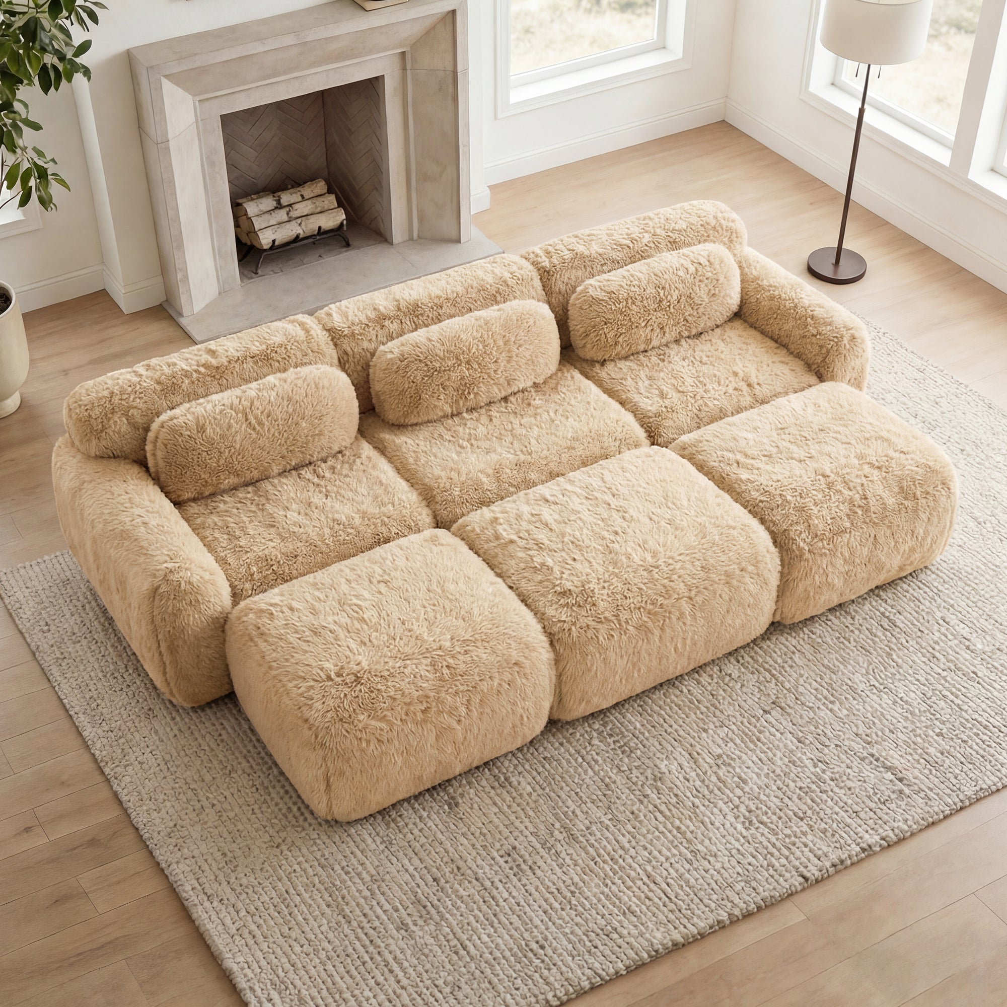 Durham 115" Modular Corduroy Plush 3-Seater Sofa with High-Density Sponge and Movable Ottomans