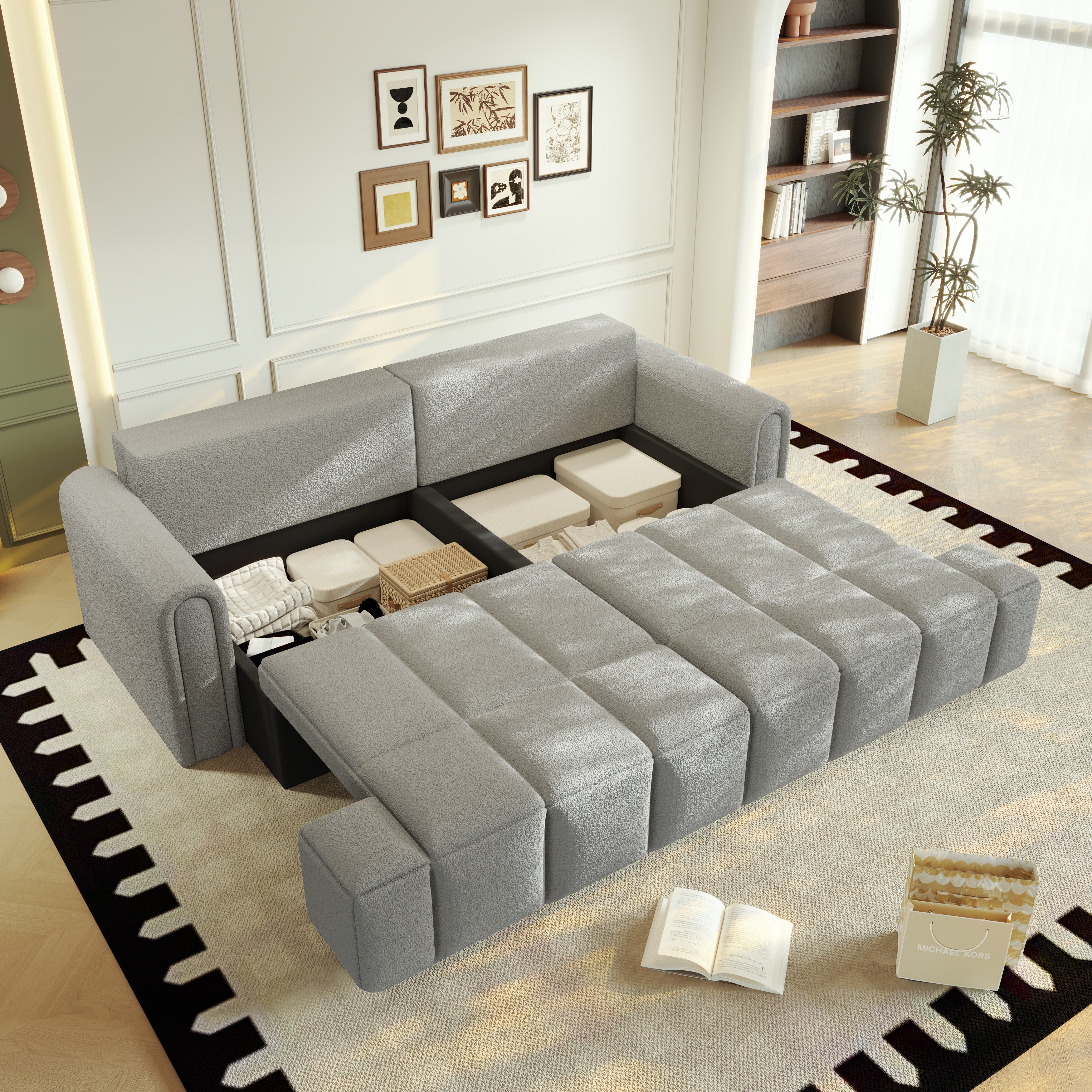 Muncie 90" Teddy Fabric Convertible 4-Seat Sleeper Sofa Bed with Storage