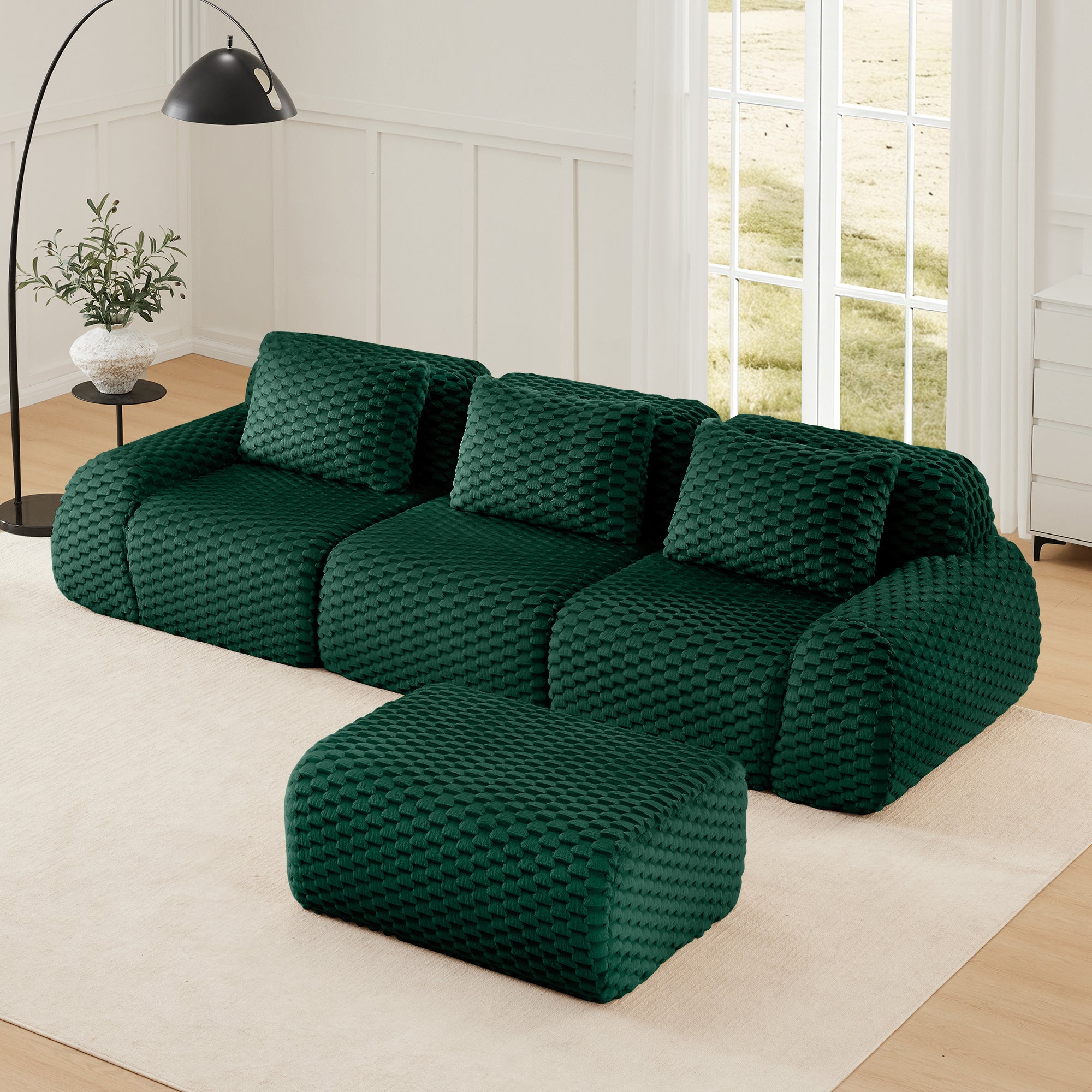 Olathe 114" Modular Flannelette Fabric L-Shaped Sectional Sofa with Movable Ottoman