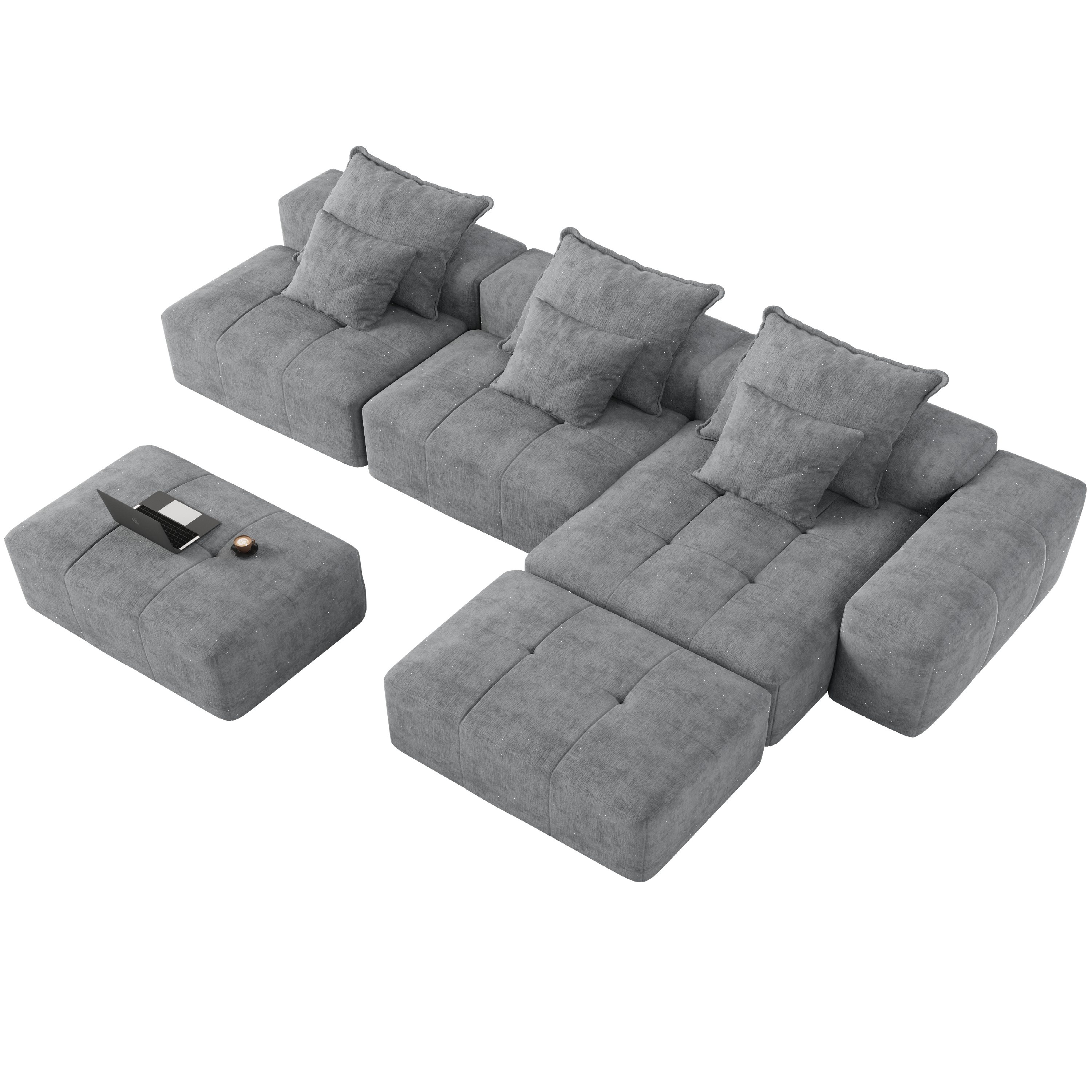 Denver Oversized Chenille Tufted Modular Sectional Sofa with 6 Pillows, Grey