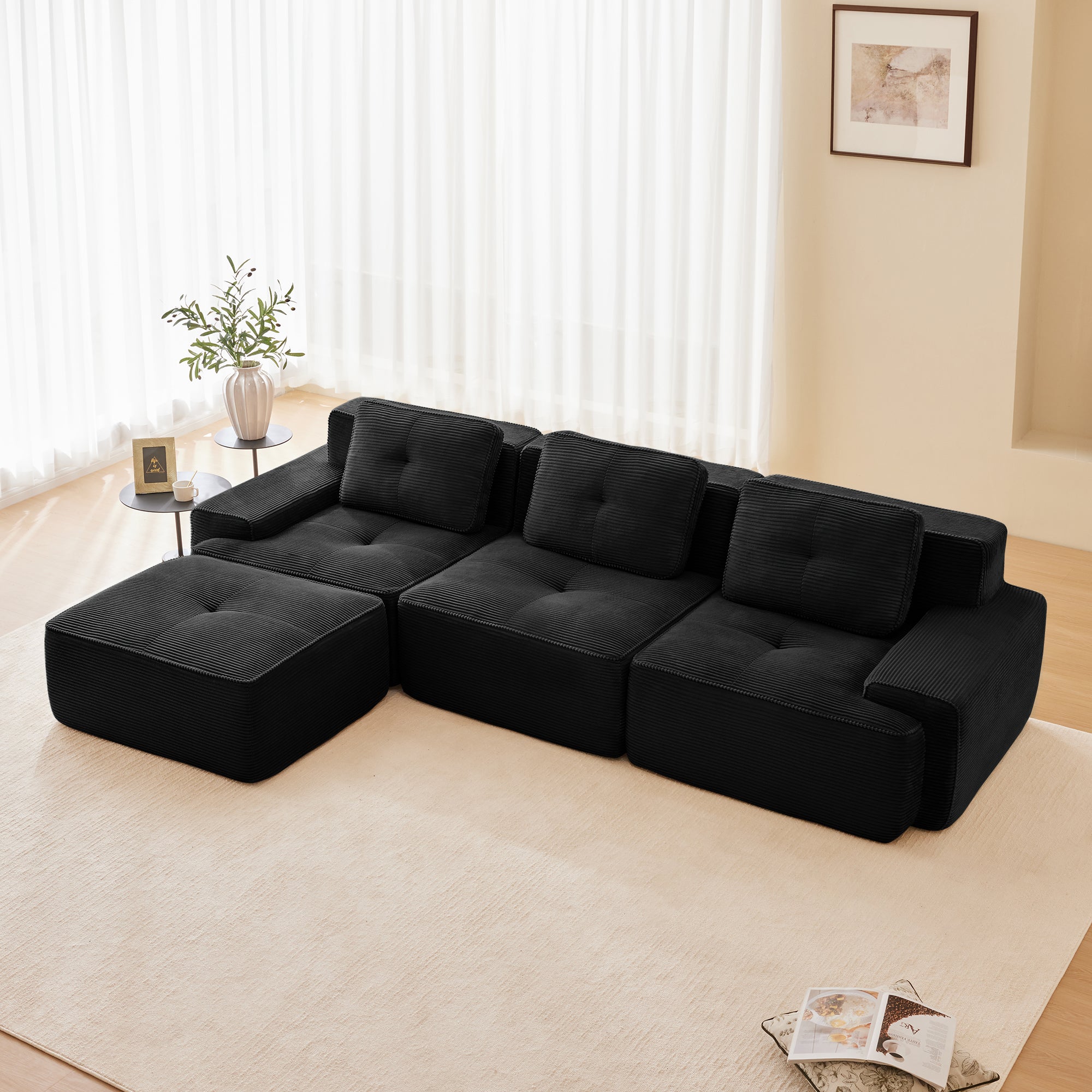 Racine 117" Modular Corduroy Fabric L-Shaped Sectional Sofa with Movable Ottoman