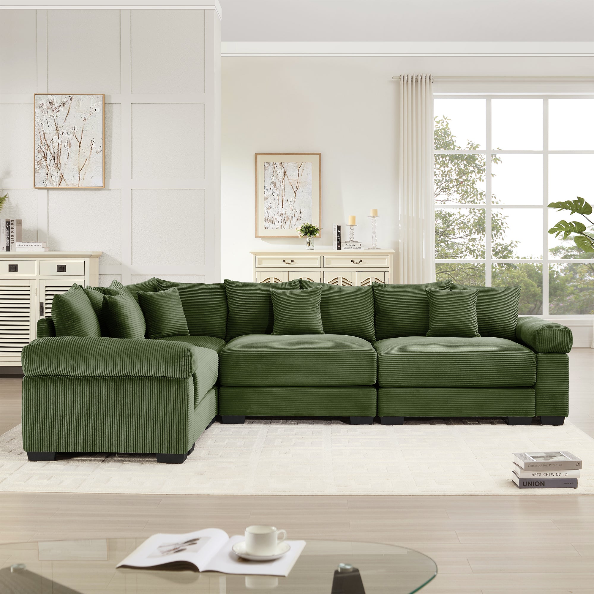 Albany 130" Modular Corduroy Cloud L-Shaped Sectional Sofa with Ottoman and Extra-Thick Armrests