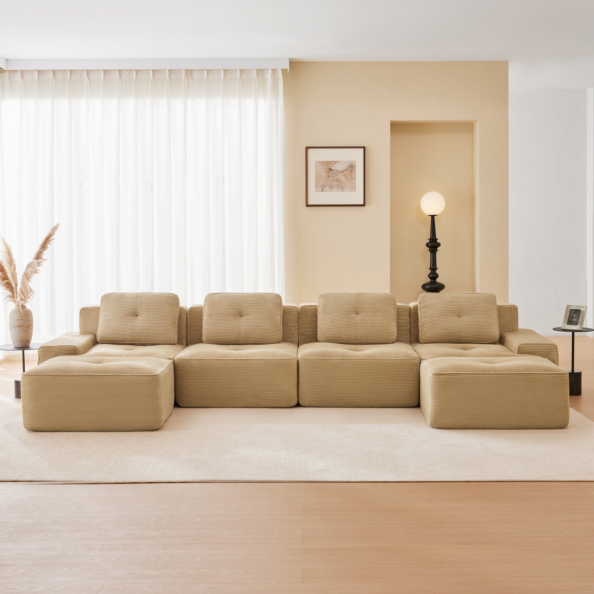 Racine 153" Modular Corduroy Fabric U-Shaped Sectional Sofa with Deep Seat and 2 Movable Ottomans