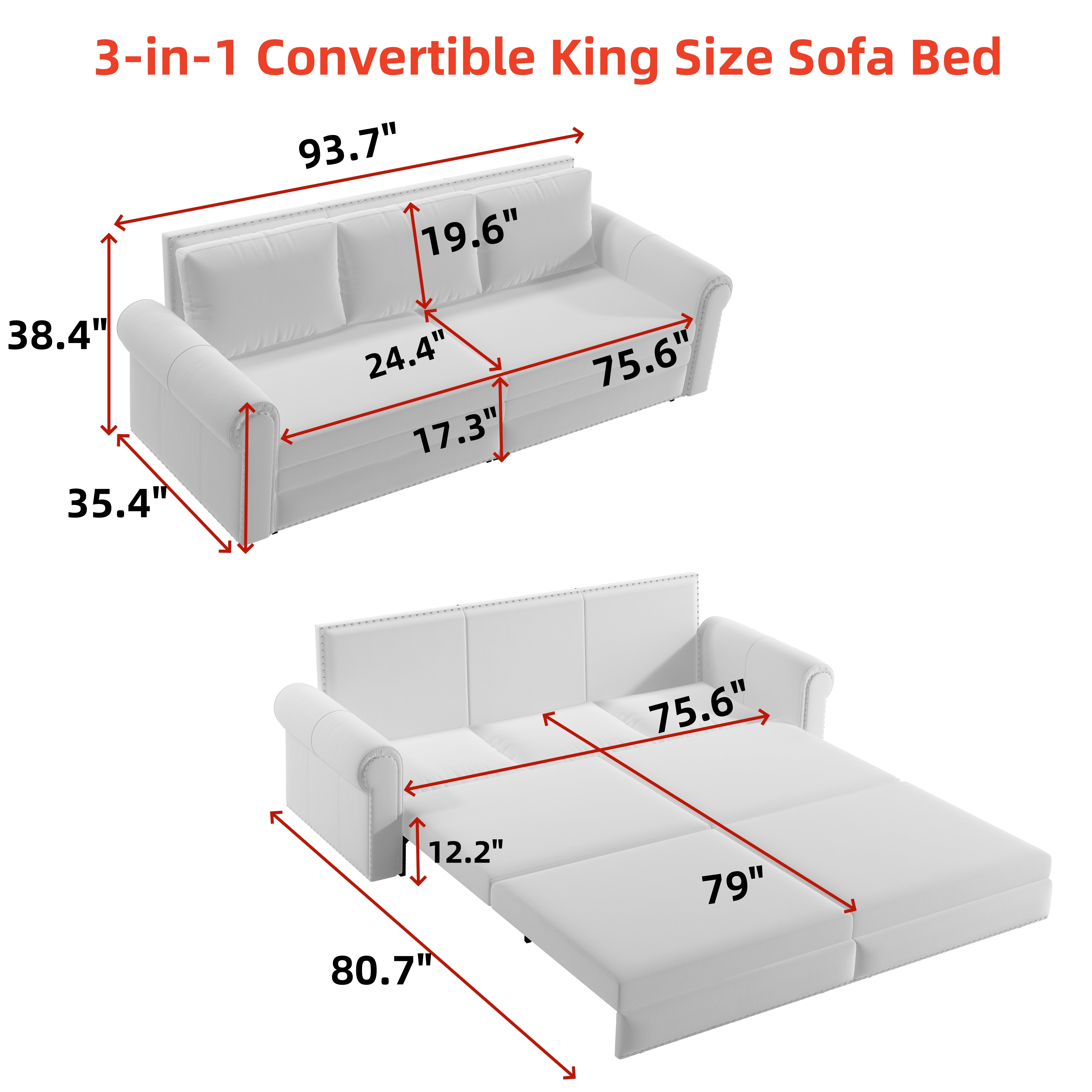 Chesterfield Sofa,93.7" King Pull Out Sofa Bed,3-in-1 Velvet Convertible Sleeper Sofa with Nailhead Trim & Rolled Arm,Multi-Functional Sofa Bed for Living Room,Bedroom,Beige/White(old sku:W1885S00036)