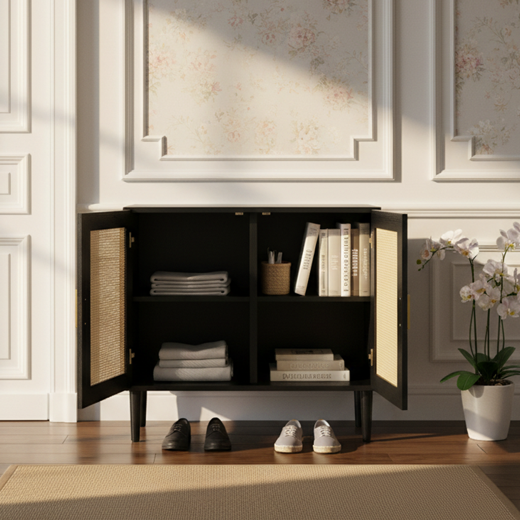Side panel buffet cabinet with natural rattan door, rattan storage cabinet with adjustable shelves, side panel and buffet with storage space, modern console cabinet in bedroom and living room