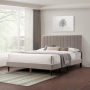 Gray Upholstered Queen Platform Bed Frame, Tufted Channel Headboard, Mid-Century Bedroom Furniture, No Box Spring Required, Bed Frame Wood Slats, Modern Soft Boucle, 64.25' x 84.5' x 45'